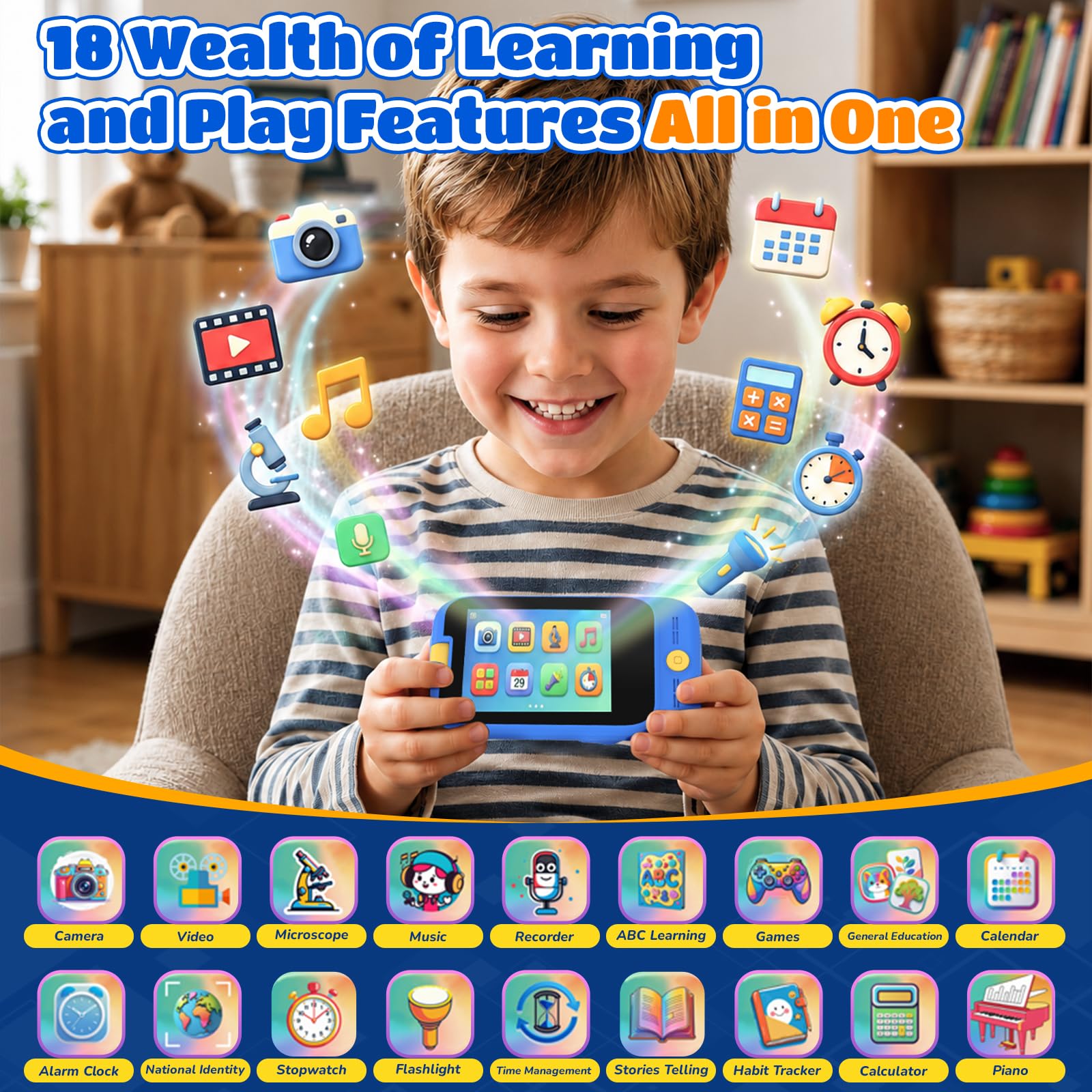 Smart Phone giocattolo per bambini per ragazzi: telefono cellulare con fotocamera flip a 180° e obiettivo microscopio, touchscreen da 2,8", ABC educativo, musica, giochi, scheda da 32 GB, per bambini