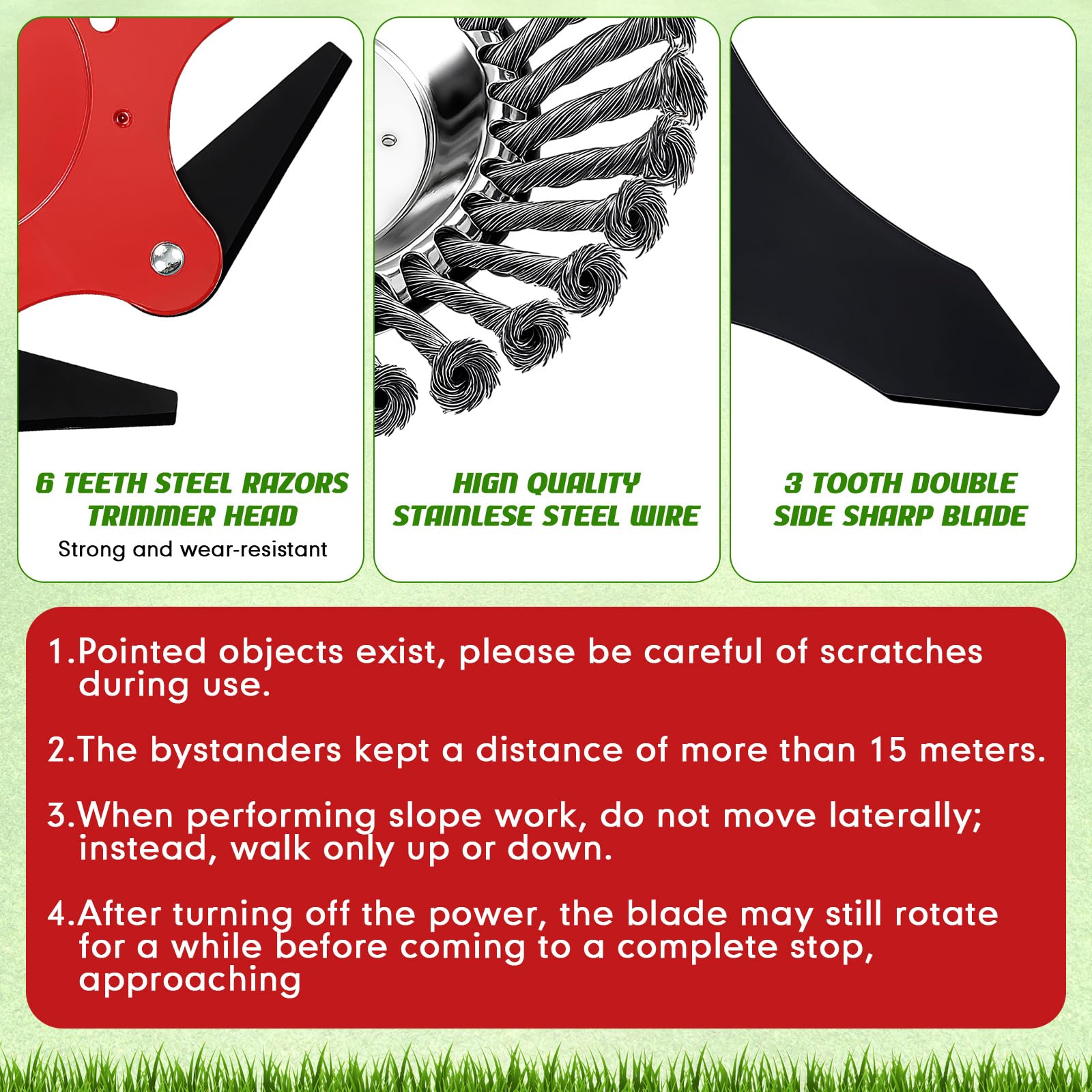 Threlaco Juego de 6 dientes de acero y 3 dientes de cepillo de cuchillas giratorias, guantes de metal, herramientas de corte de césped para accesorios de corte (rojo, 10 x 3 + 6 + 8 pulgadas)