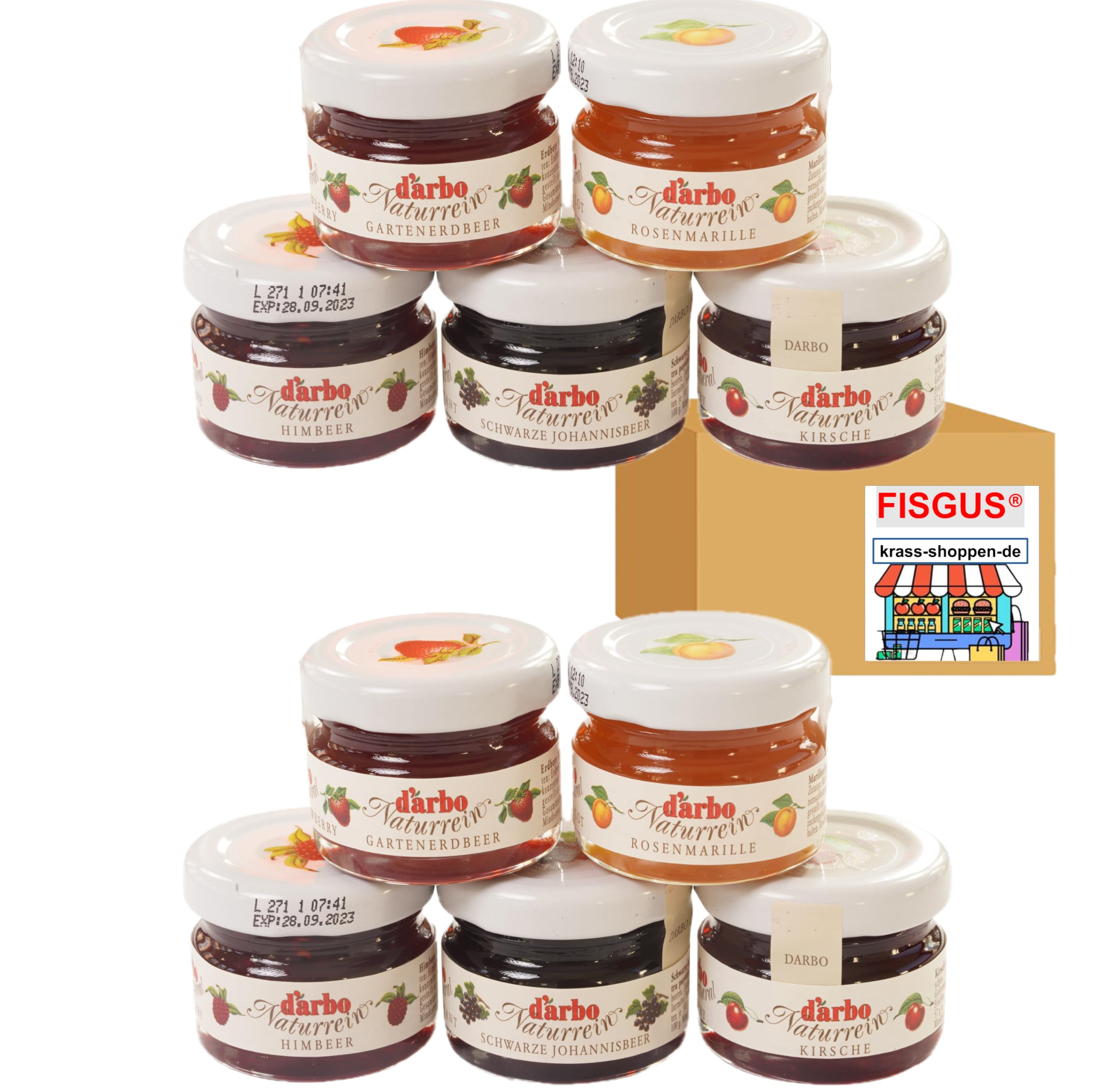 Darbo 10 Minigläser Konfitüre in 5 Sorten - je 2 Stück Erdbeere, Marille (Aprikose), Himbeere, Kirsche und Schwarze Johannisbeere - Ein Bundle von FISGUS® by krass-shoppen-de