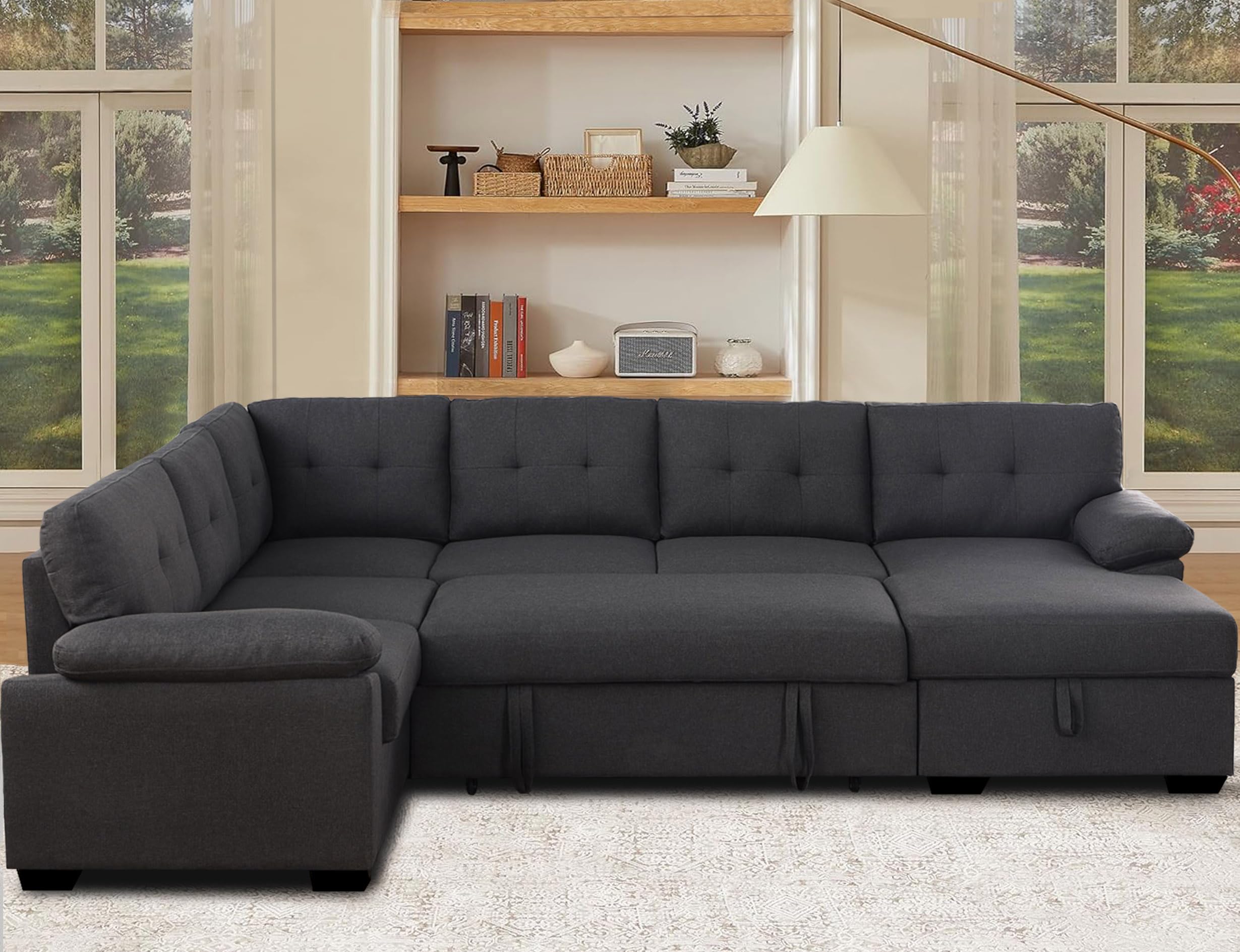 asunflower Sectional Sleeper Sofa Pull Out Couch with Storage 118-Inch U Shaped Sectional Couches for Living Room 6-7 Seater Oversized Sofa Bed Easy to Assembly(Dark Gray)