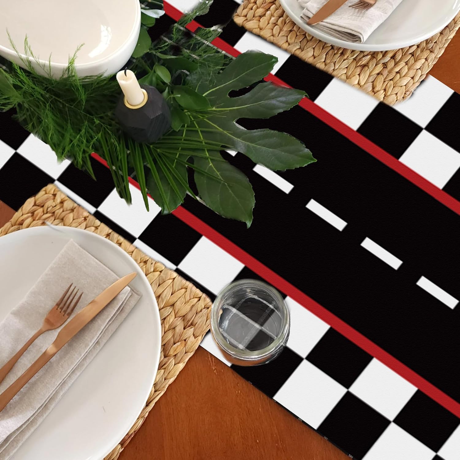 6 Pcs Plastic Racing Car Table Runners - 14" x 108" Black Checkered Flag Design Disposable Table Runner for Black Checkered Flag Theme Birthday Party Supplies, Racing Car Party Decorations, Motorsport