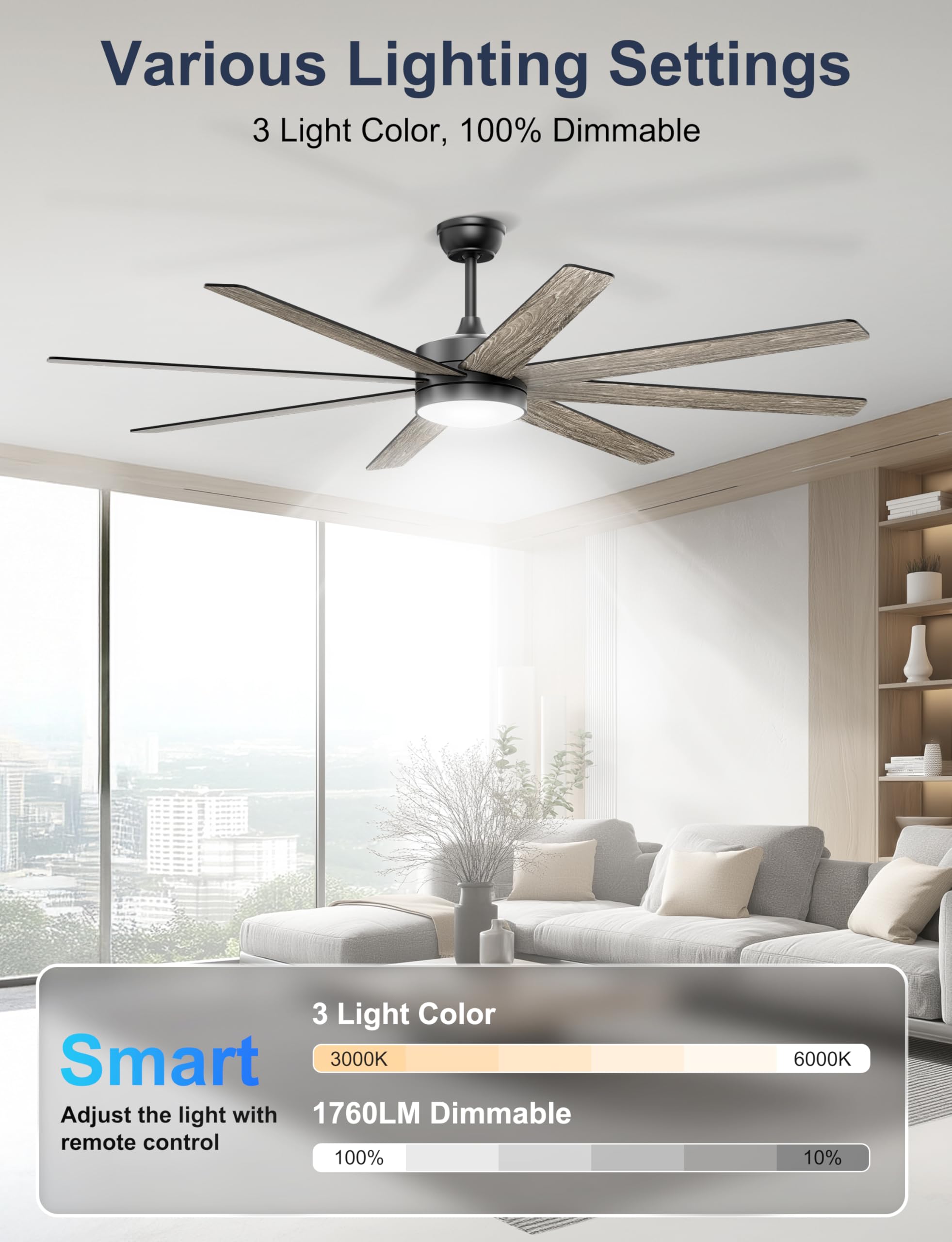 72 Large Ceiling Fans with Lights Modern Black Ceiling Fan Remote APP Control Dimmable Quiet DC Motor Big — view 4