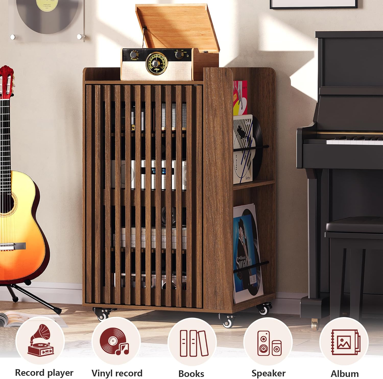 5-Tier Media Cabinet with Stereo & Vinyl Record Storage, Rolling Stereo Cabinet with Adjustable Shelves and Cable Management, AV Media Stand for Living Gaming Room (Walnut)