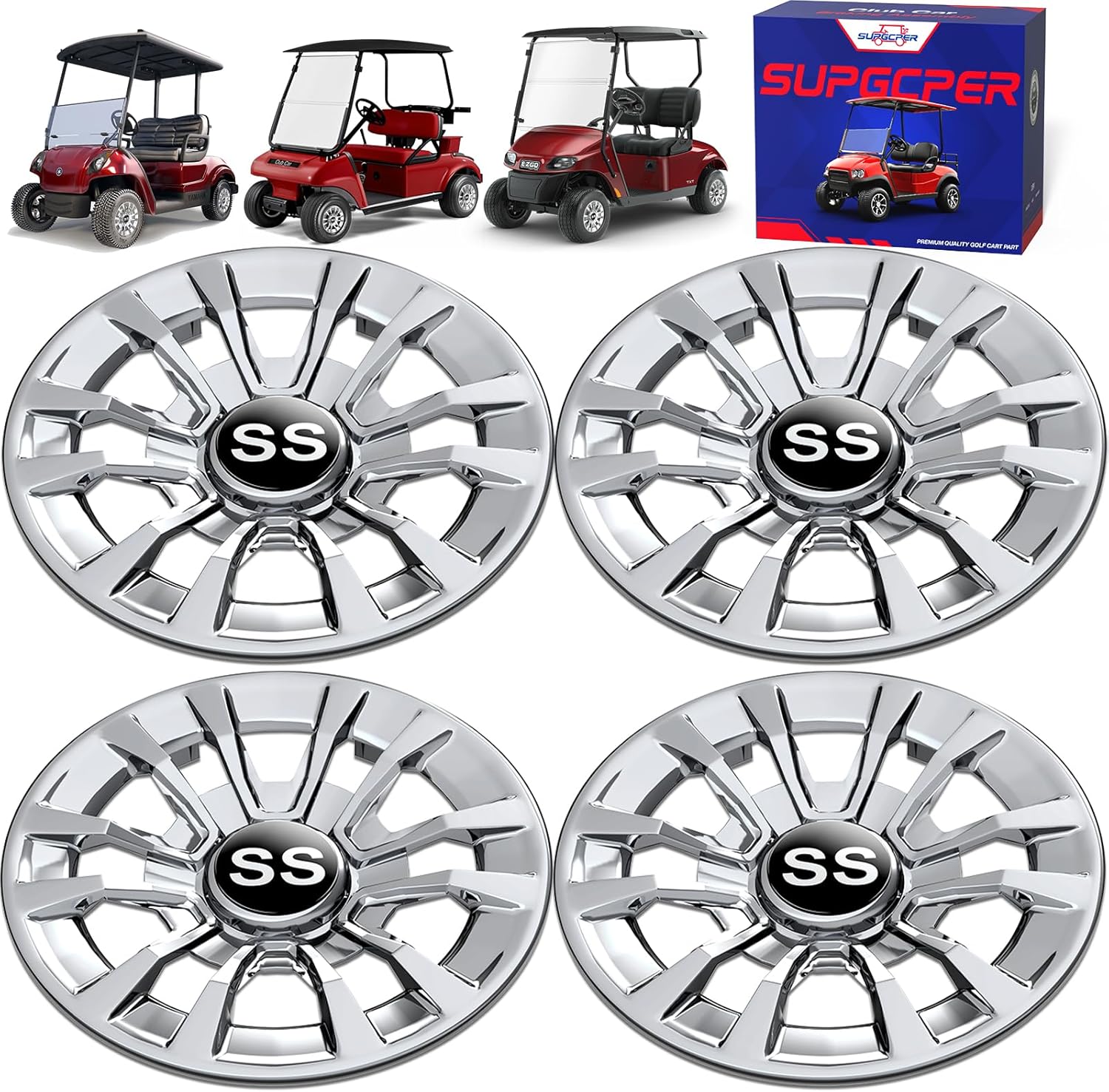 Golf Cart SS Wheel Covers, Golf Cart Hub Caps for Club Car EZGO Yamaha and Most Golf Carts, 6-Spoke Design, 8 Inch Golf Cart Wheel Hubcaps (Set of 4), Snap-on Installation, Not Fit EZGO RXV