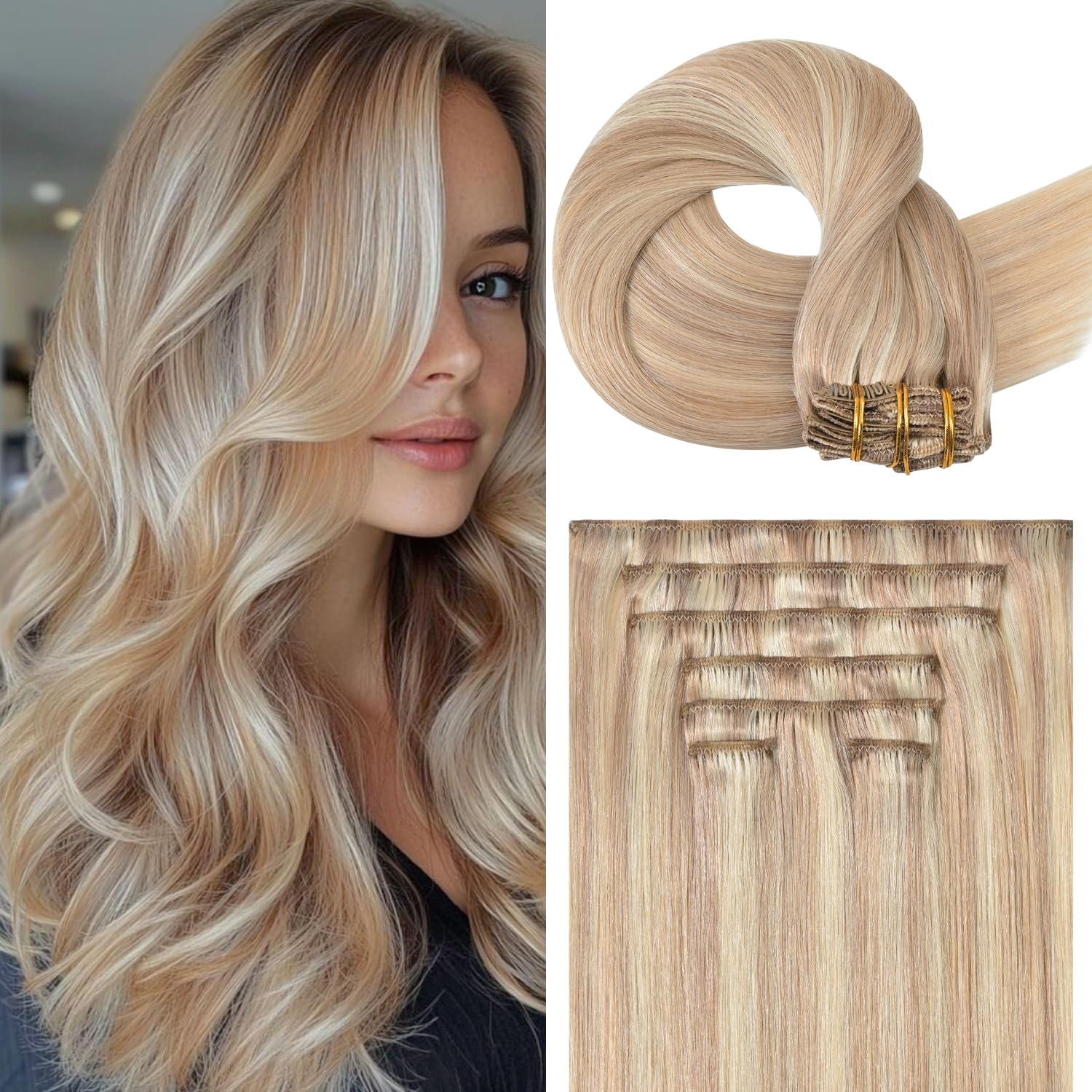 Blonde Hair Extensions Real Human Hair 18 Inches 85g Golden Blonde Highlights Clip in Extensions Straight Silky Hair Extensions Clip Ins #16/22 7pcs
