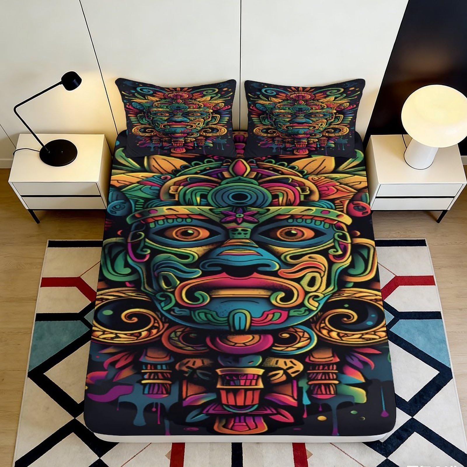 Pnayamiorkfel Style-8 3D Printed Aztec Mask Fitted Sheet Microfiber Vibrant Tribal Mattress Cover For Bedroom Decor Protection 90X200x25cm