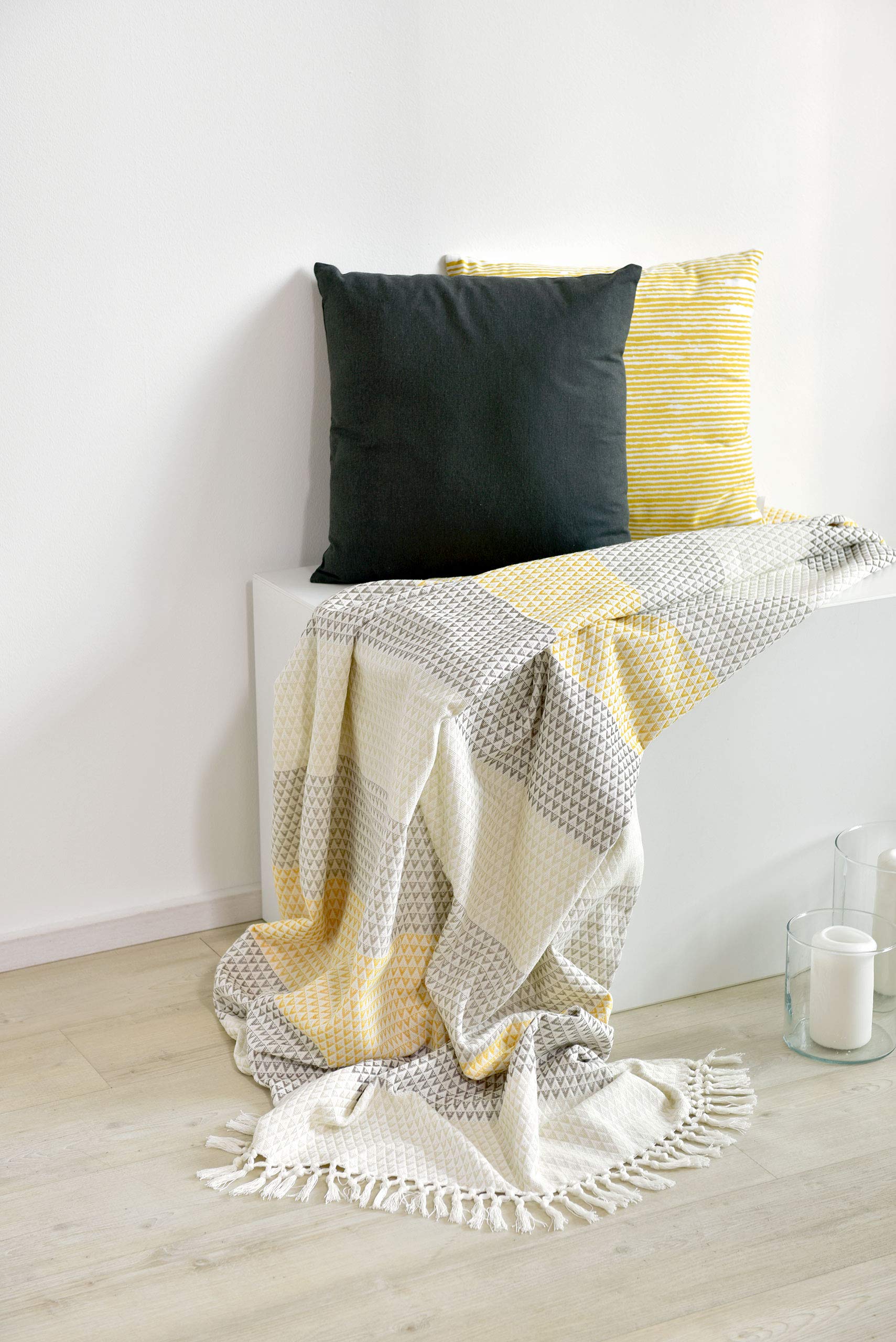 Plaid Dana, 150x200 cm, Blanco Marrón Amarillo, Estampados, Boho, Algodón, Manta Suave, Manta de Sofá, Colcha de Picnic