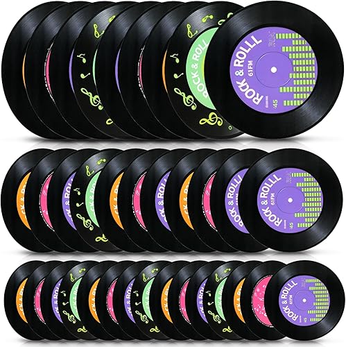 48 discos de vinilo para calcomanías, 3 tamaños, decoración de fiesta de los años 50, juego de recortes de vinilo retro para música, cumpleaños,