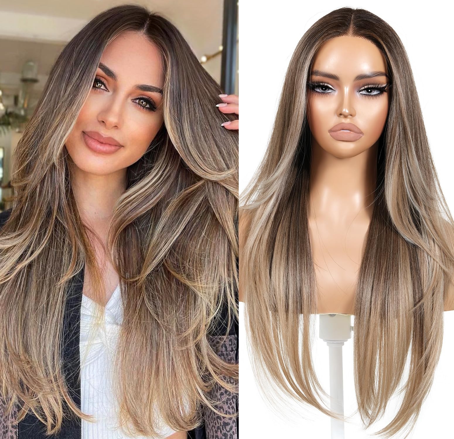 ENCOUNTERU Wear and Go Glueless Brown Wig Synthetic Lace Front Wigs for Women Pre Plucked Pre Cut Ombre Brown Wig with Bangs Layered 13x5x1 HD Lace