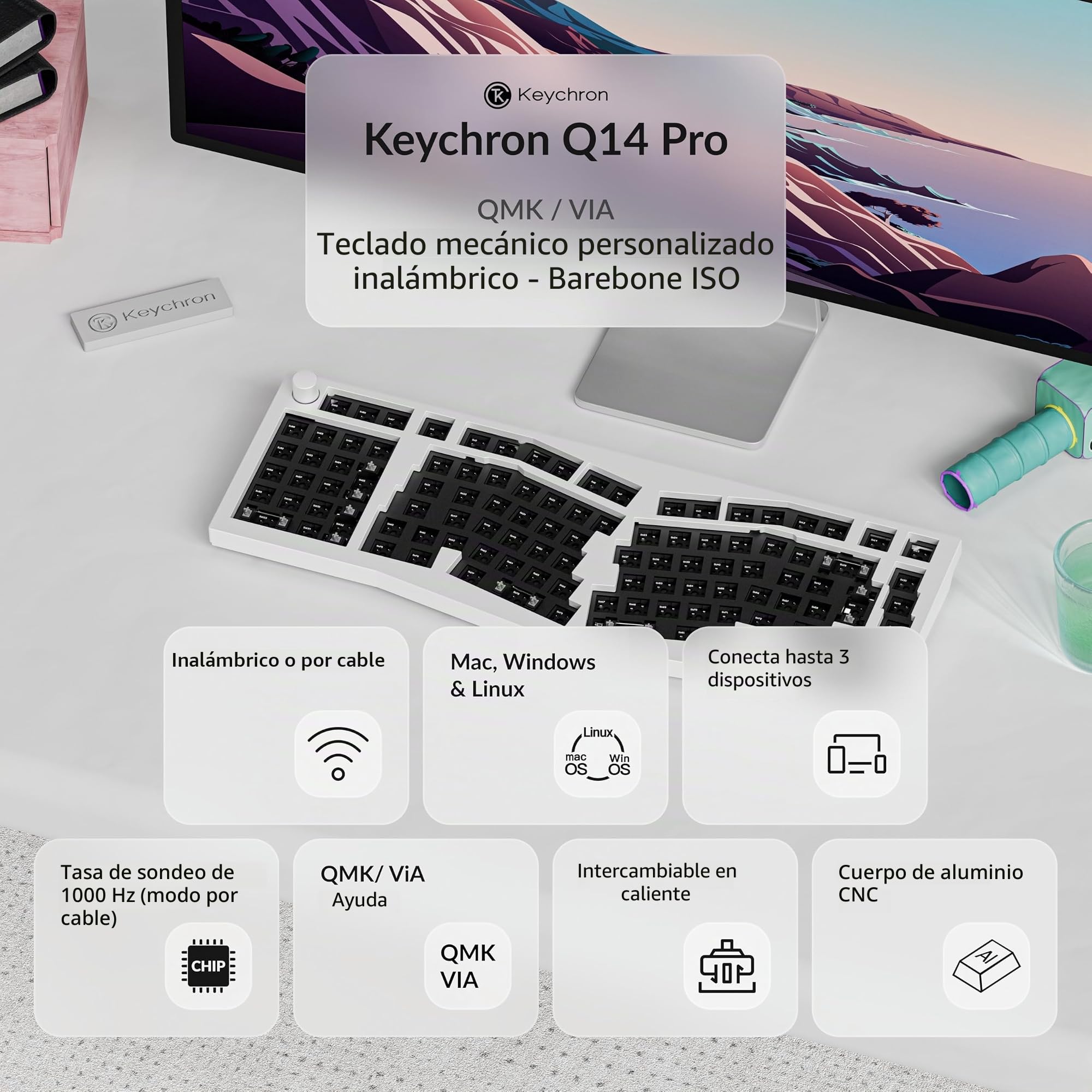 Keychron Q14 Pro Kit de Teclado Mecánico Alice 96% ISO, Cuerpo de Aluminio CNC, Programable QMK, RGB, Bluetooth 5.1, Kit de Juegos Barebone, para Interruptores de 3/5 Pines, Mac y Windows - Blanco