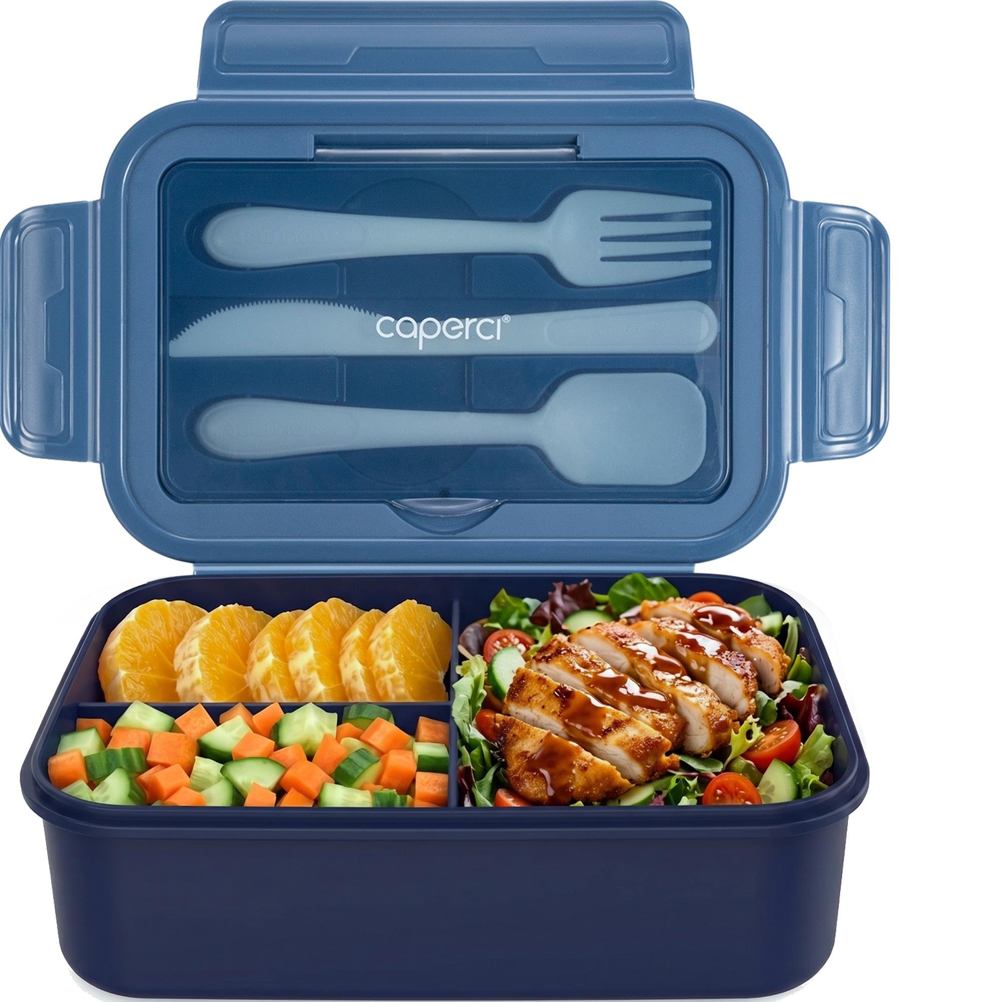 Caperci Classic Bento Box Adult Lunch Box for Older Kids - Leakpoof 47 oz 3-Compartment Containers for Adults and Teens, Built-in Utensil Set, Ideal for On-the-Go Balanced Eating, Navy Blue