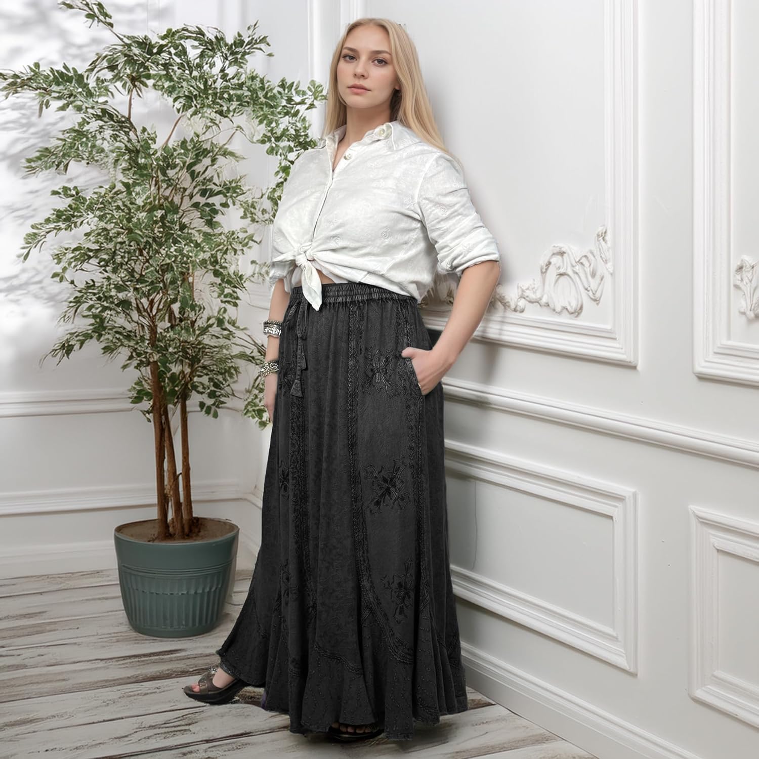 Agan Traders 2026 Maxi Skirts for Women - Medieval High Waisted Womens Skirts - A Line Drawstring Embroidered Long Skirt