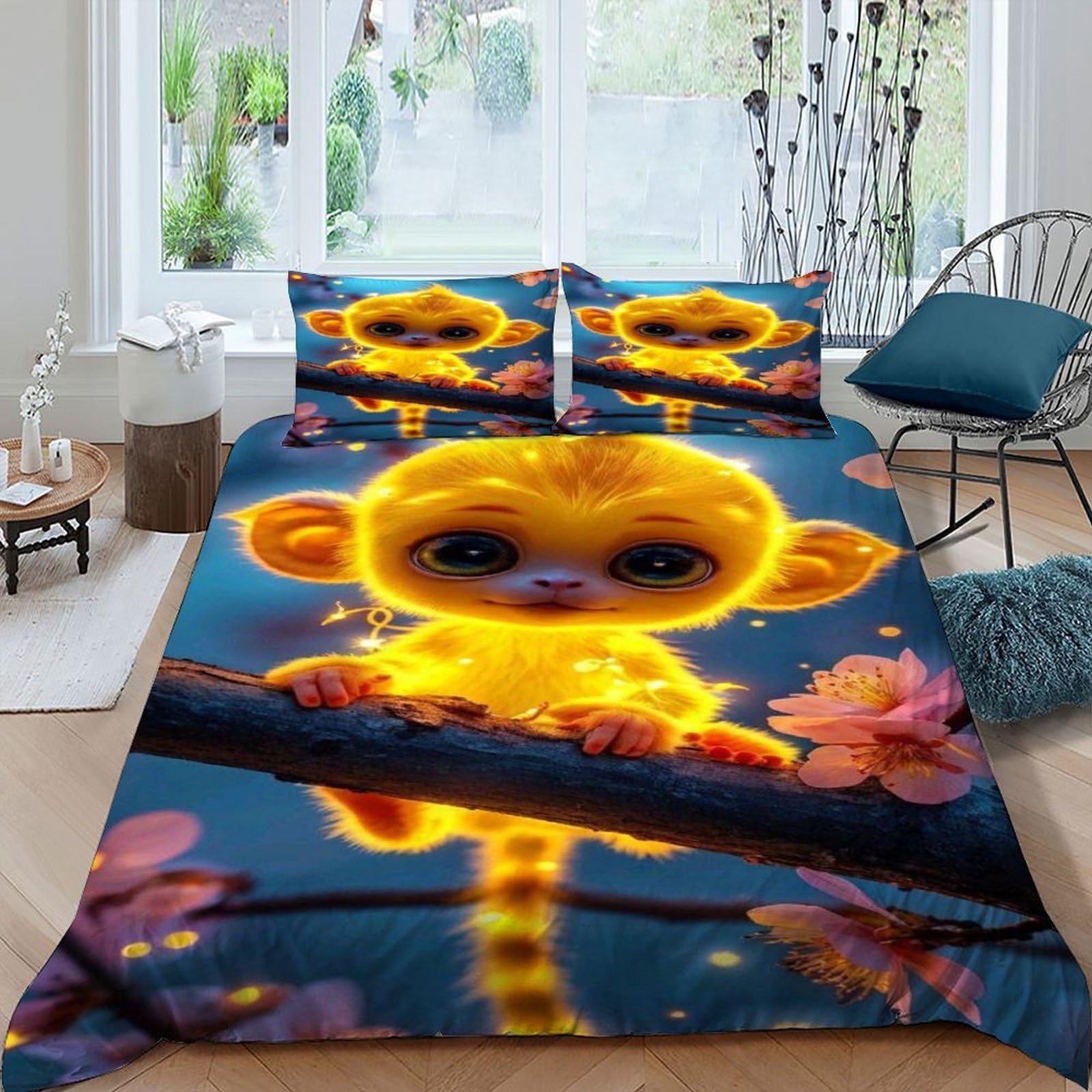 Housse de couette singe jaune rose pour lit king afin de colorer la pièce