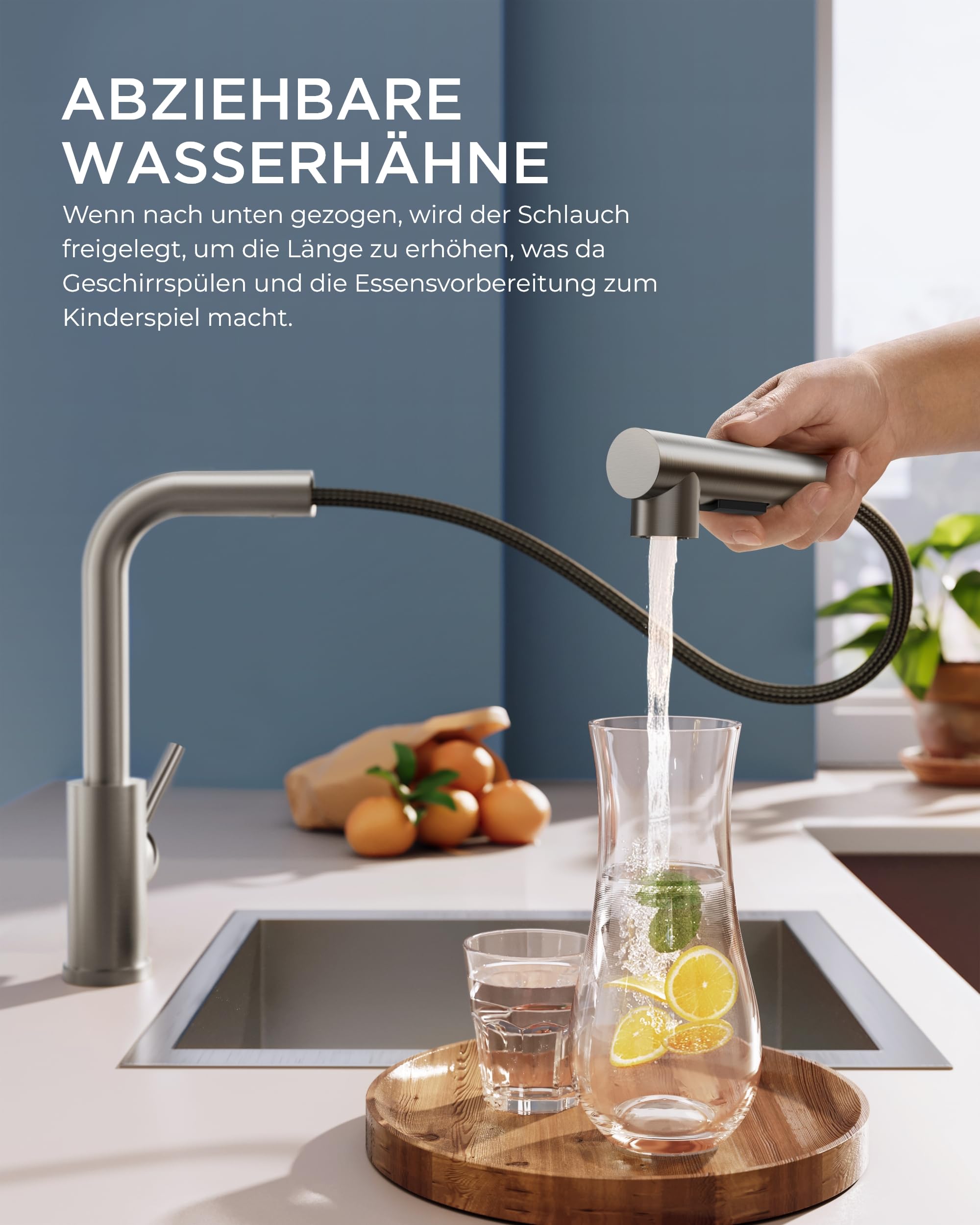 FORIOUS Wasserhahn Küche, Küchenarmatur Ausziehbar mit Brause, Spültischarmatur Küche, L-förmiger Edelstahl Mischbatterie Armatur, Zwei Sprühfunktionen, 360° Schwenkbar
