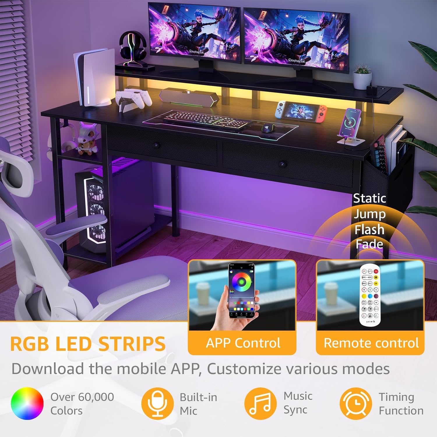 DLisiting Black Gaming Desk with Shelves and Drawers - 39 Inch Small Gaming Desk with Storage Shelves for Boys Teens Bedroom, Black Computer Desks with Drawers, Monitor Stand, Power Outlet
