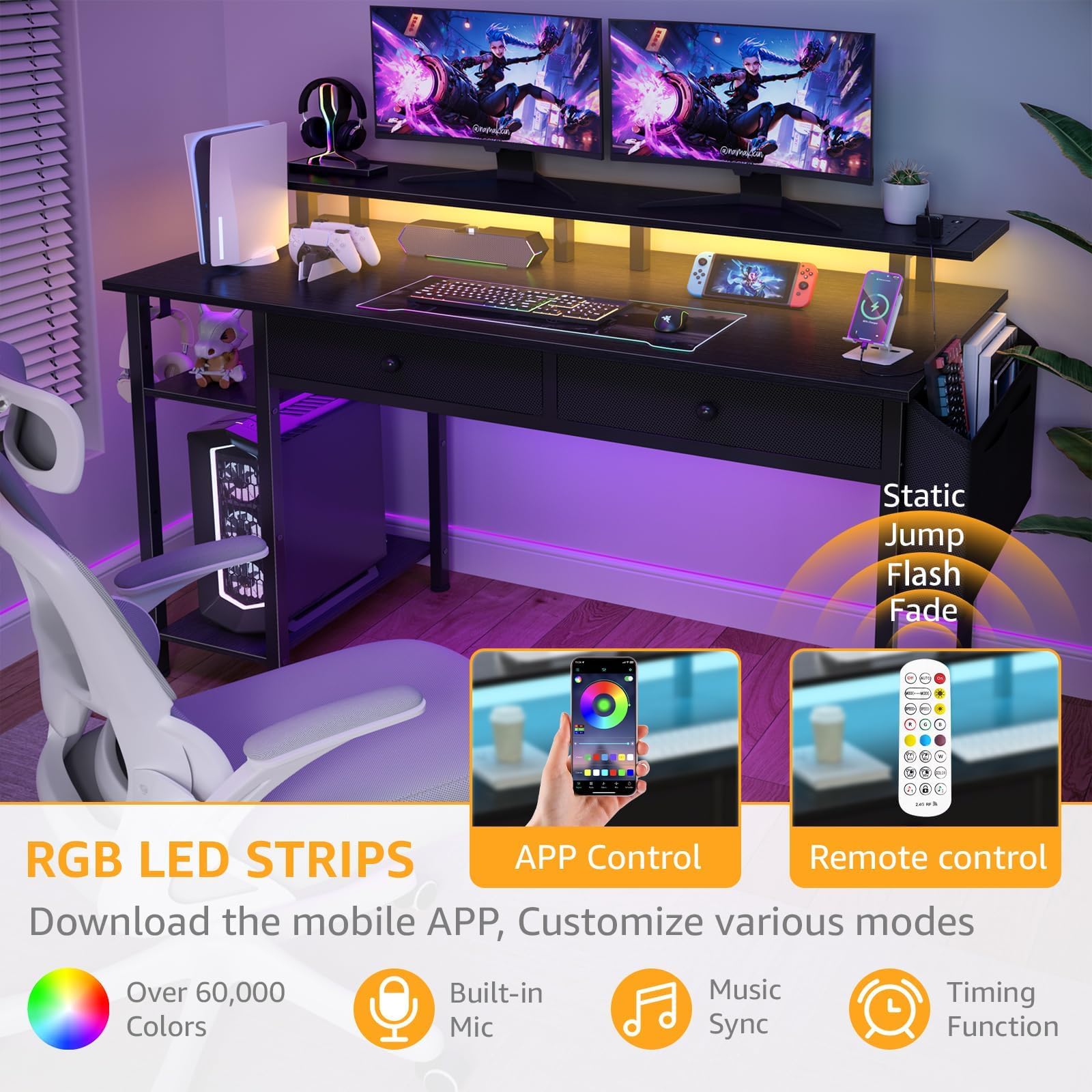 DLisiting Black Gaming Desk with Shelves and Drawers - 39 Inch Small Gaming Desk with Storage Shelves for Boys Teens Bedroom, Black Computer Desks with Drawers, Monitor Stand, Power Outlet: Black 39.4''