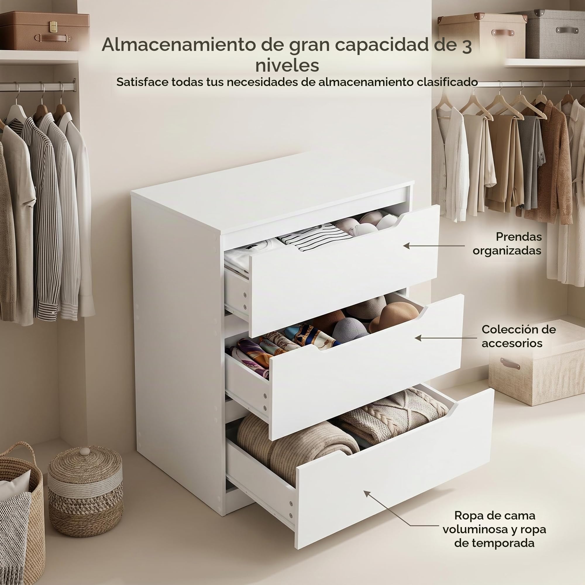 Cómodas de 3 cajones, MDF melamina Doble Cara Blanca 70x40x75 cm, Mueble Almacenamiento multifunción con Kit antivuelco para Dormitorio, Cocina, salón y recibidor, Blanco