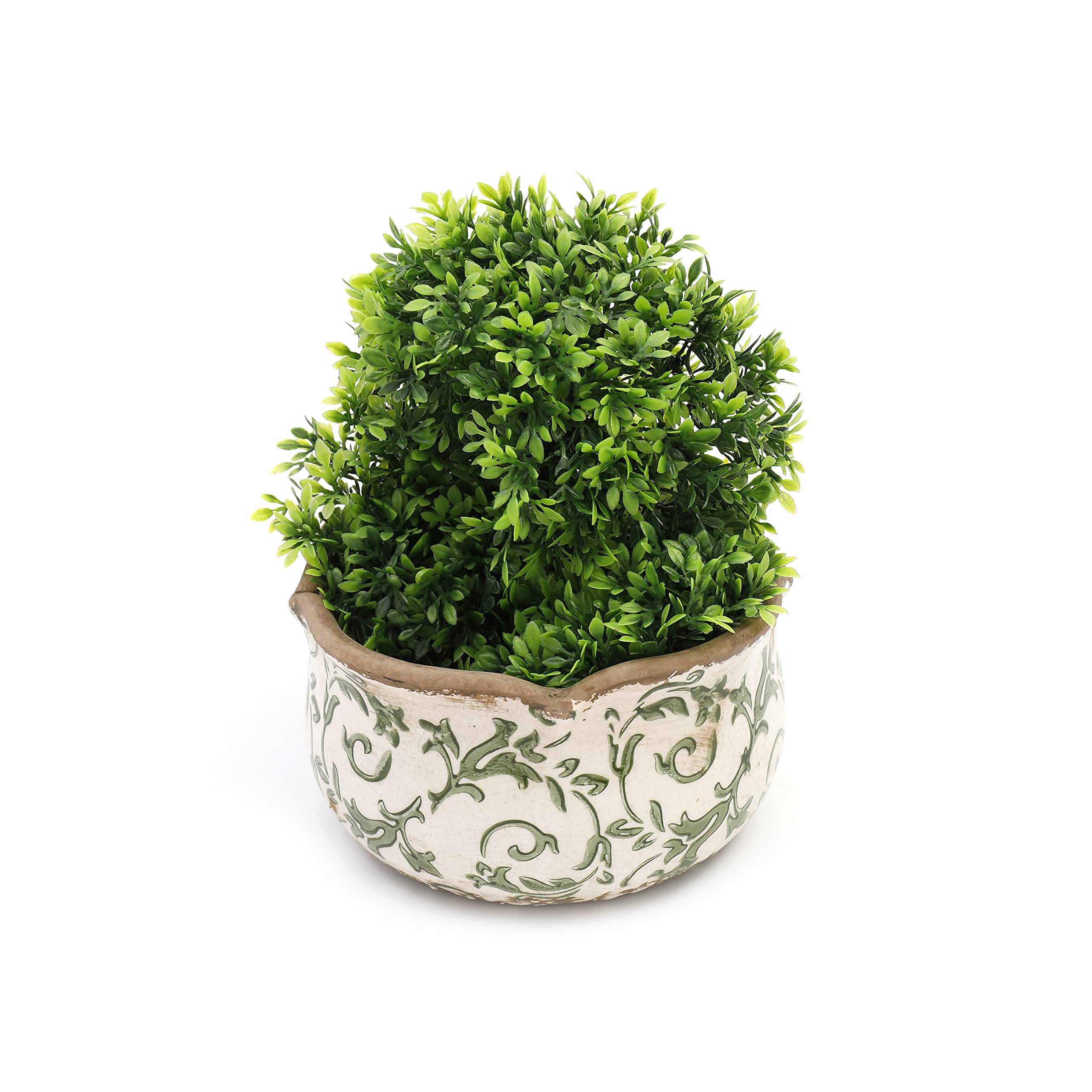 Annibells Green Vintage Cream Ceramic Round Floral Scalloped Planter Plant Flower Pot (Small)