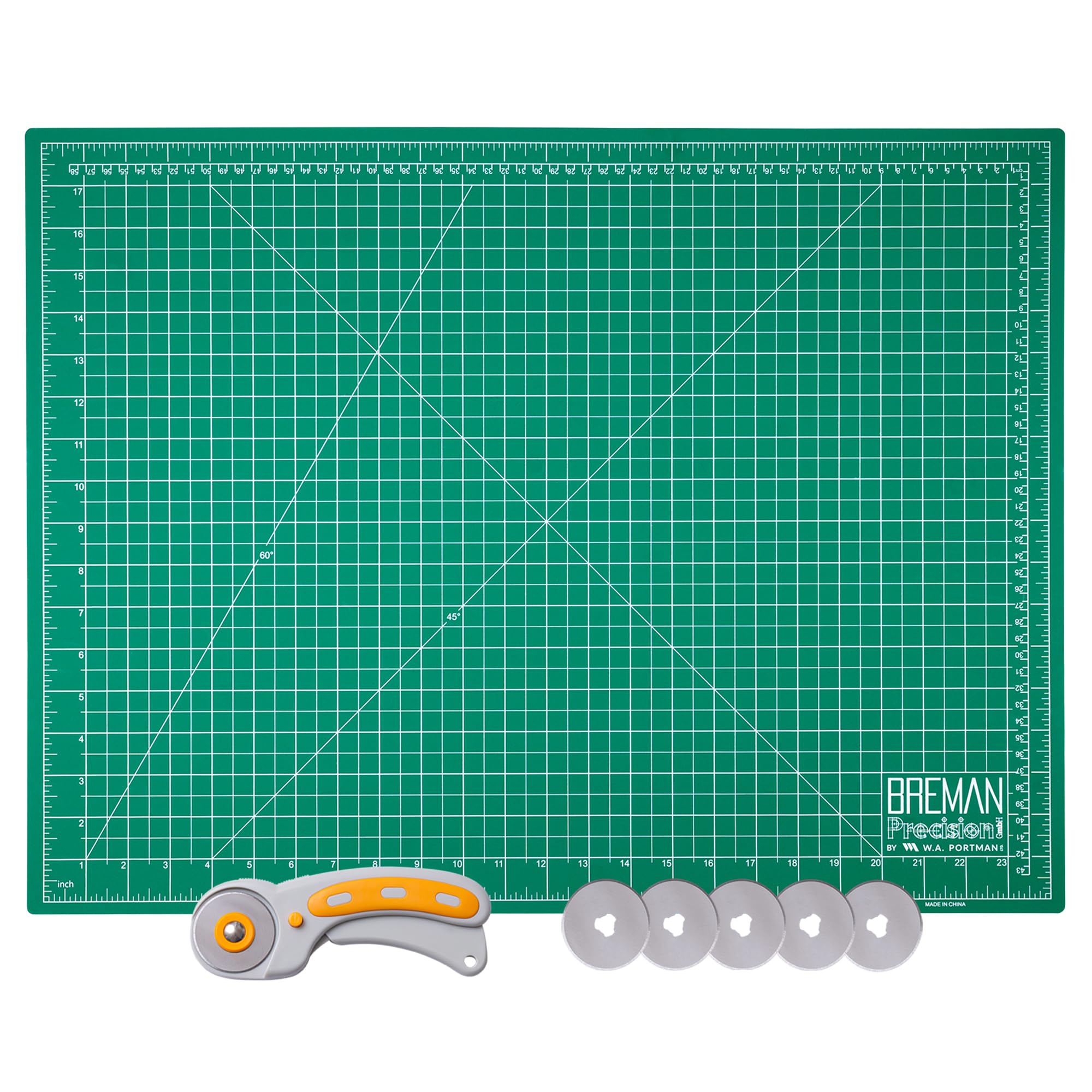 WA Portman Große Schneidematte zum Nähen mit Rollschneider für Stoffset - (18x24) Selbstheilende Schneidematte mit 45mm Stoffschneiderrad & 5 Rotationsklingen - Nähzubehör & Werkzeuge