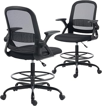 HOMCOM Drafting Chair Tall Office Desk Chair with Flip-up Armrests Black