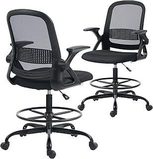 HOMCOM Drafting Chair, Tall Office Desk Chair with Flip-up Armrests, Adjustable Height and Footrest, Lumbar Support for Standing Desk, Home Office Use, Black