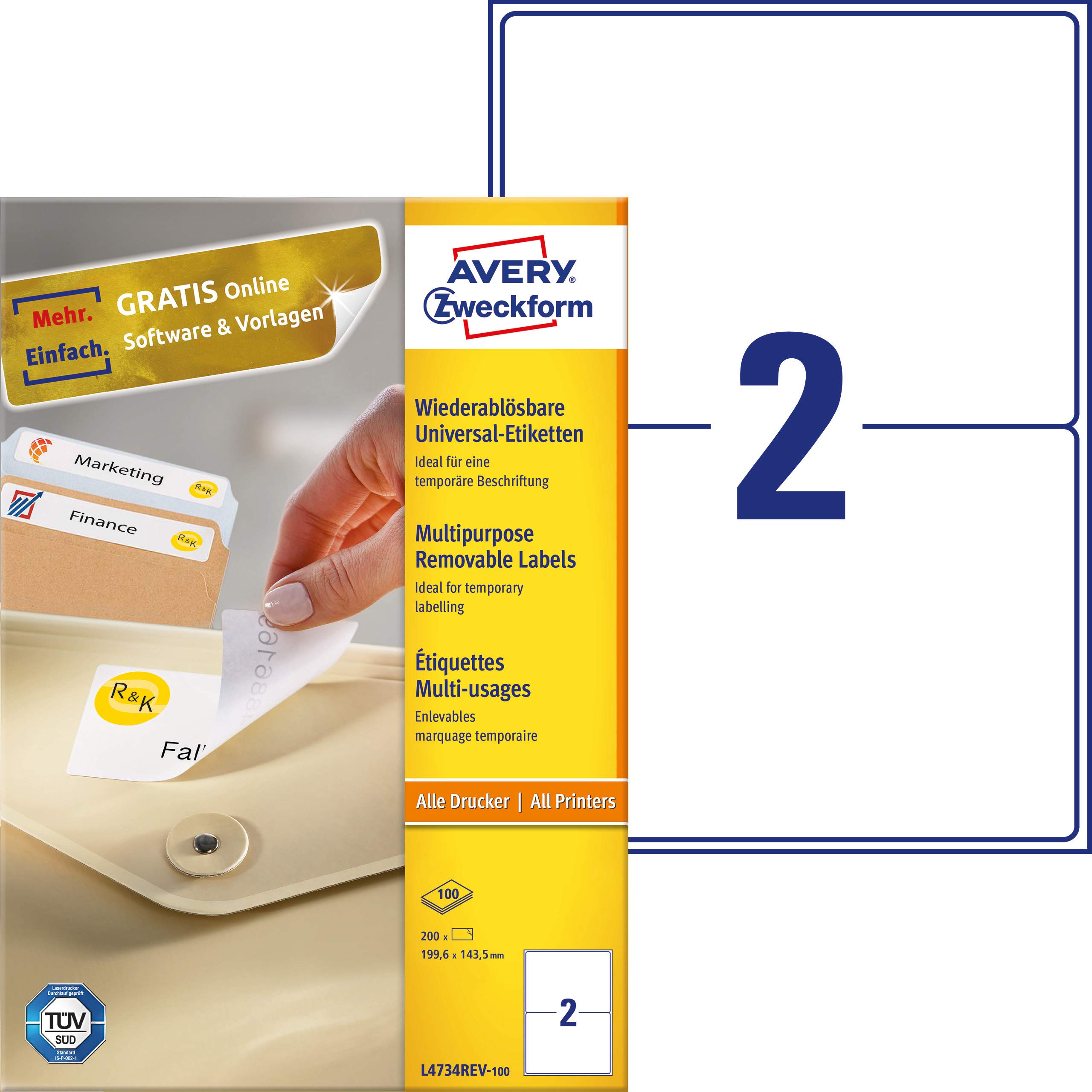 Avery Dennison Zweckform l4743rev-100 Étiquettes universelles 100 feuilles/200/étiquettes 199,6 x 143,5 mm Blanc