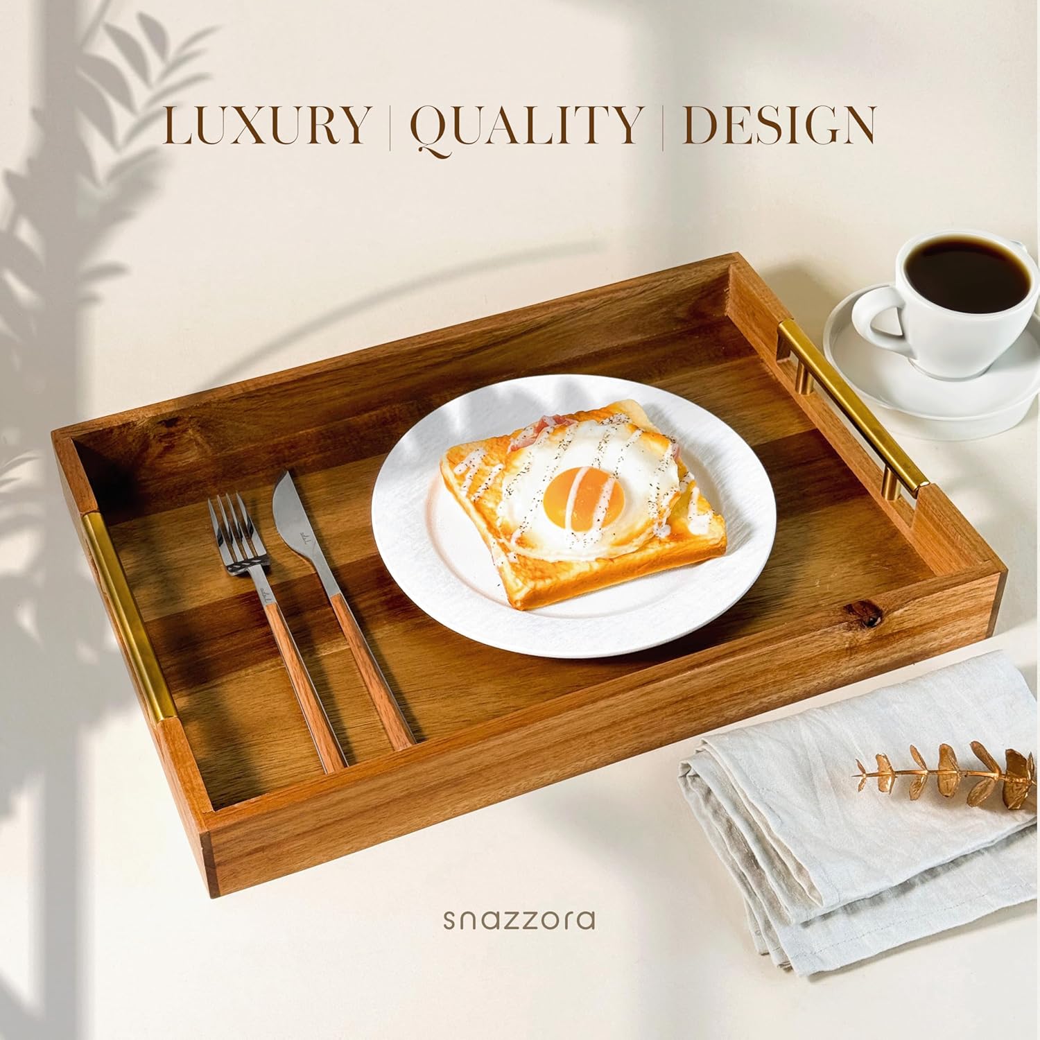 3 Pcs Acacia Wood Serving Trays with Golden Steel Handles 18", 16" & 14" with 6 Coasters - for Coffee Table, Ottoman in Living Room, Breakfast in Bed, Jewelry, Decorative, BBQ, Charcuterie