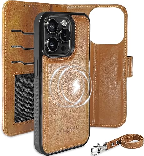 Funda tipo cartera para iPhone 15 Pro con soporte para tarjetas, funda de cuero magnética fuerte desmontable, compatible con carga inalámbrica