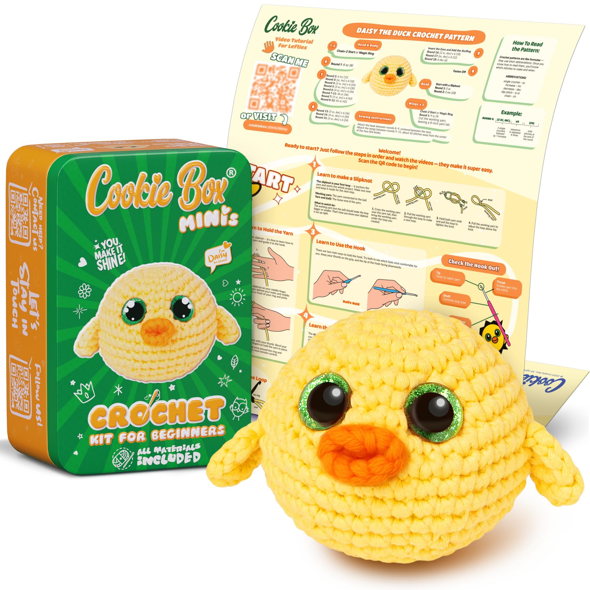 Cookie Box MINIs Crochet Kit for Beginners – Gift Set to Make Duck Daisy Amigurumi Plushie – Easy DIY Crochet & Knitting Starter Kit with Printed Instructions & Step-by-Step Video Tutorial