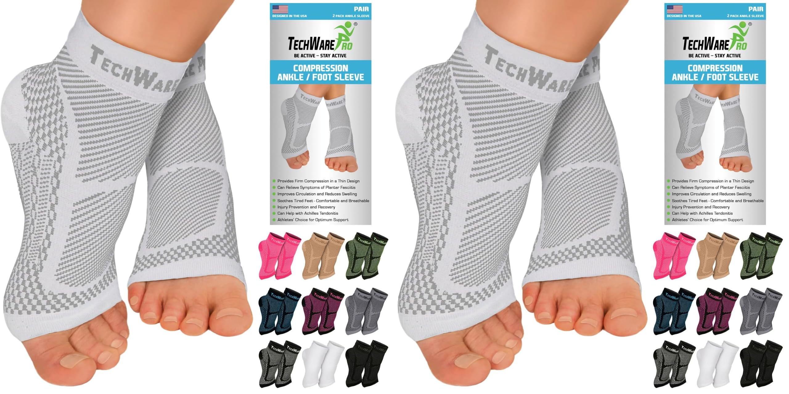 TechWare Pro Ankle Brace Compression Sleeve - Plantar Fasciitis Sock. Relieves Achilles Tendonitis. Foot Arch Support Reduces Joint Pain, Swelling &amp; Heel Spur Pain. Injury Recovery Braces for Sports