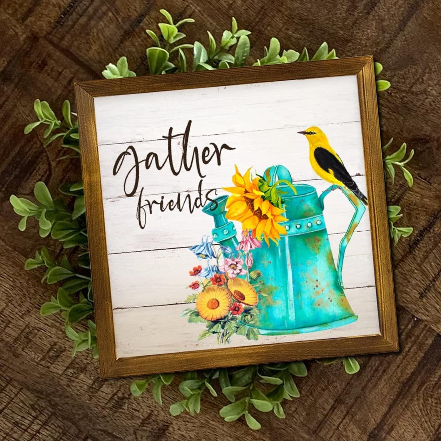 Gather Friends Wooden Framed Sign Spring Sunflower Flower in Kettle Positive Wall Plaque Retro Botanical Artwork Wood Home Wall Decoration for Home Room Office Garden Kitchen 12x12 inch