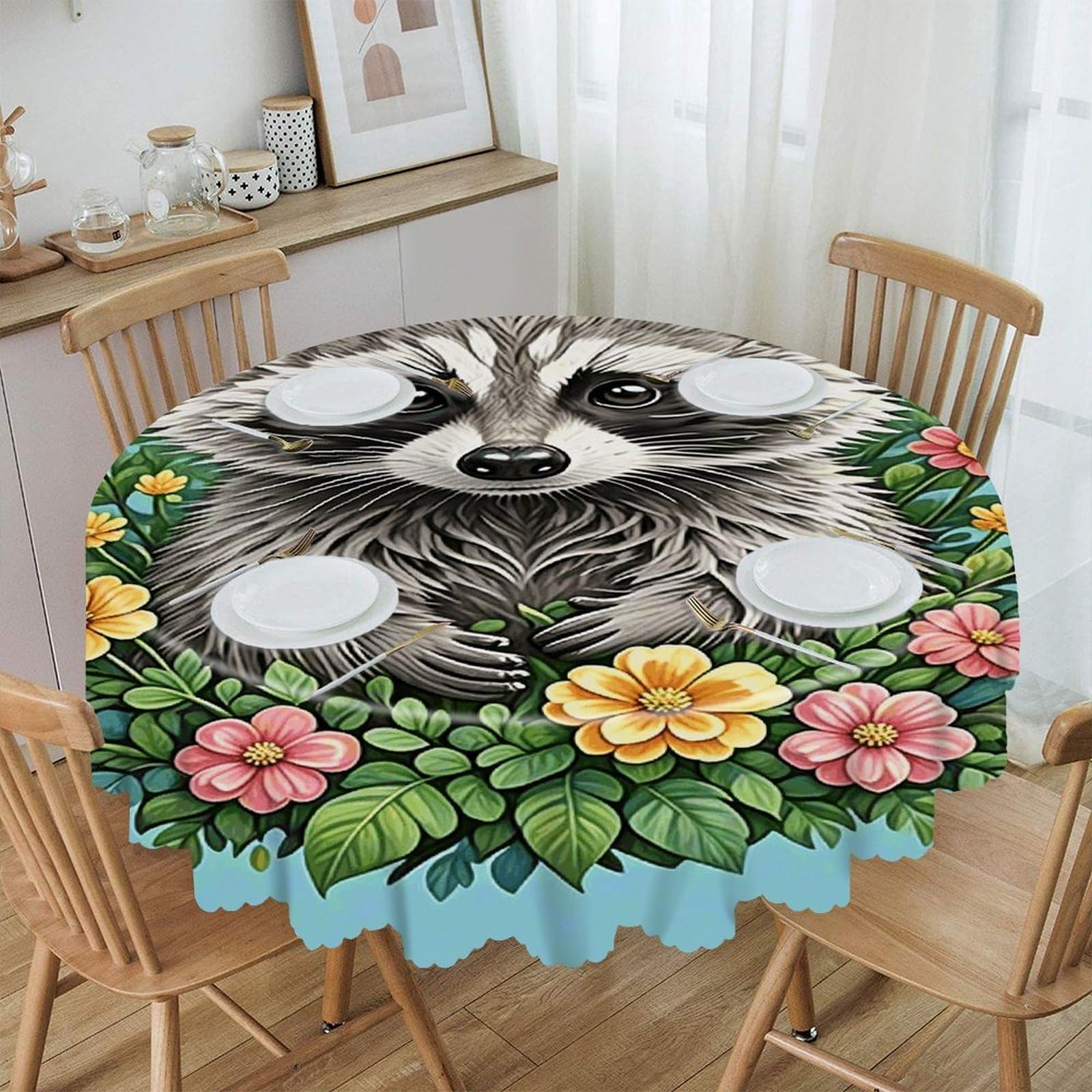 VstaDank Raccoon Round Tablecloth Wipeable Round Polyester Tablecloth Waterproof Wrinkle Free Indoor and Outdoor Table Cover 60 Inch Decorative Farmhouse Table Cloth for Dining