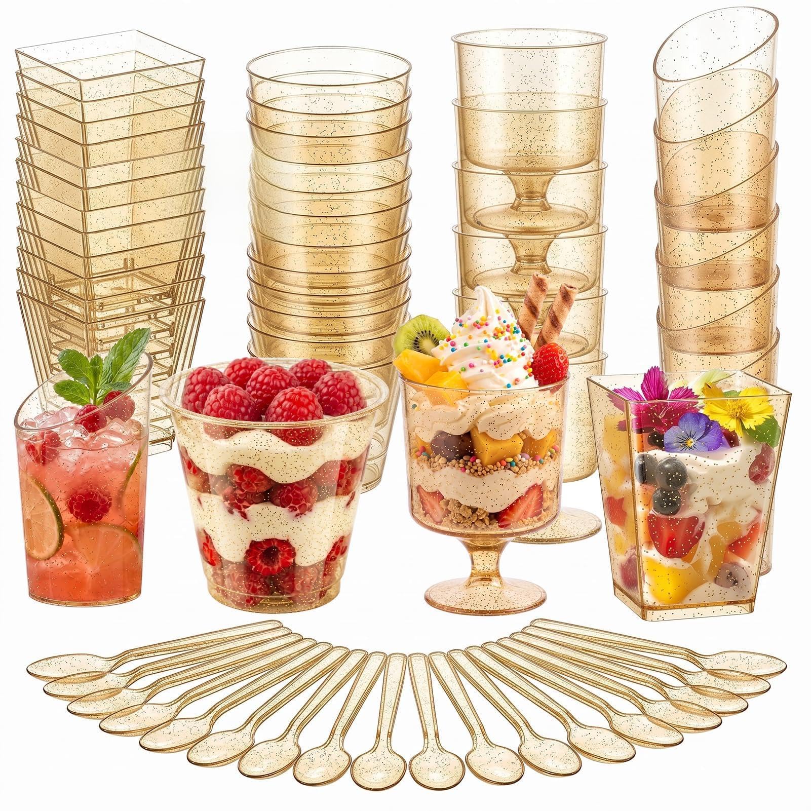 5 oz Plastic Mini Dessert Cups &amp; Spoons - 300 Pack Gold Glitter