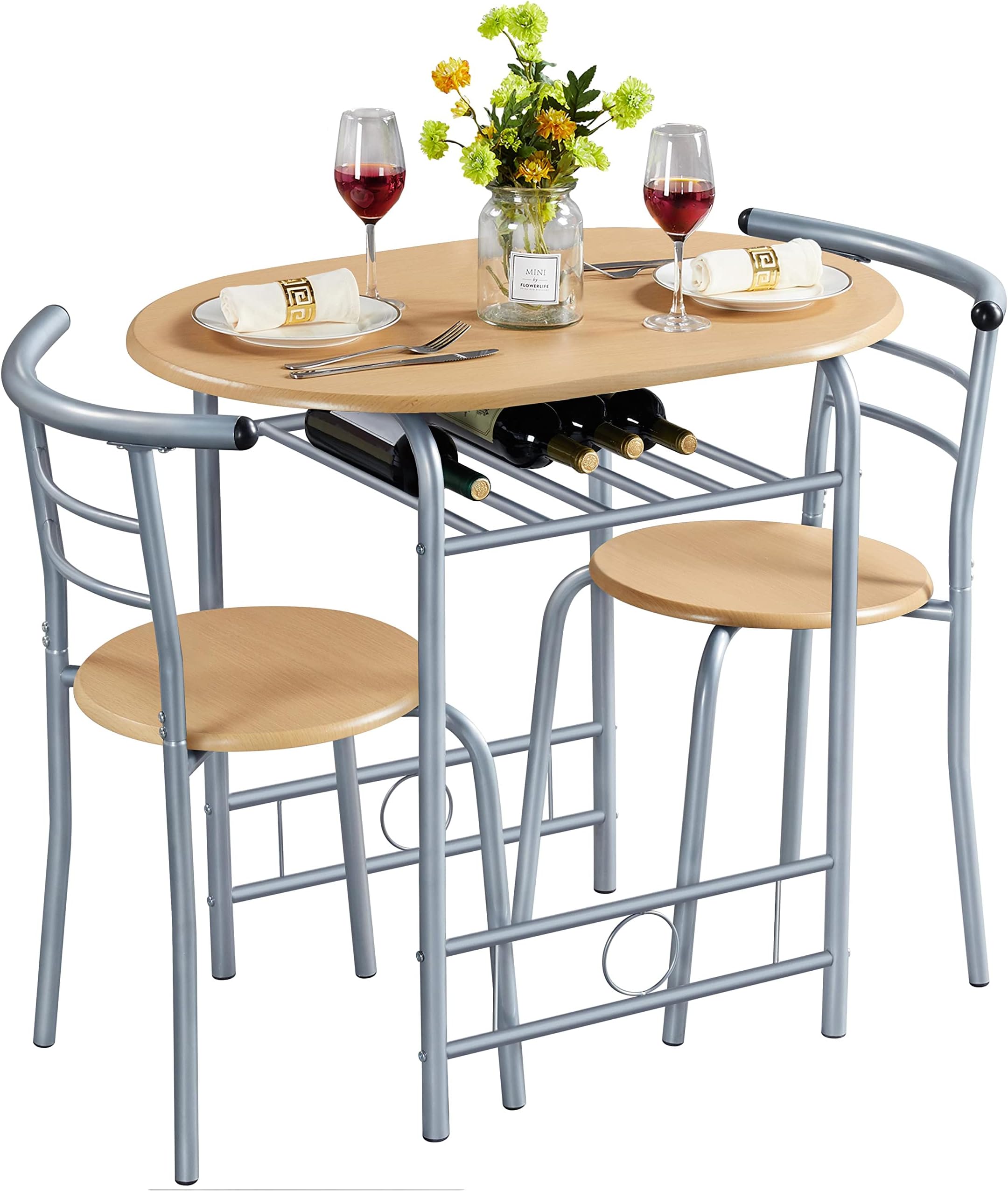 Yaheetech 3 Piece Compact Dining Room Set, Dining Table & Chairs Set for 2, Breakfast Bar Table Set with Metal Legs and Built-in Wine Rack for Small Space/Apartments/Kitchen, Natural, 80x53x75.5cm
