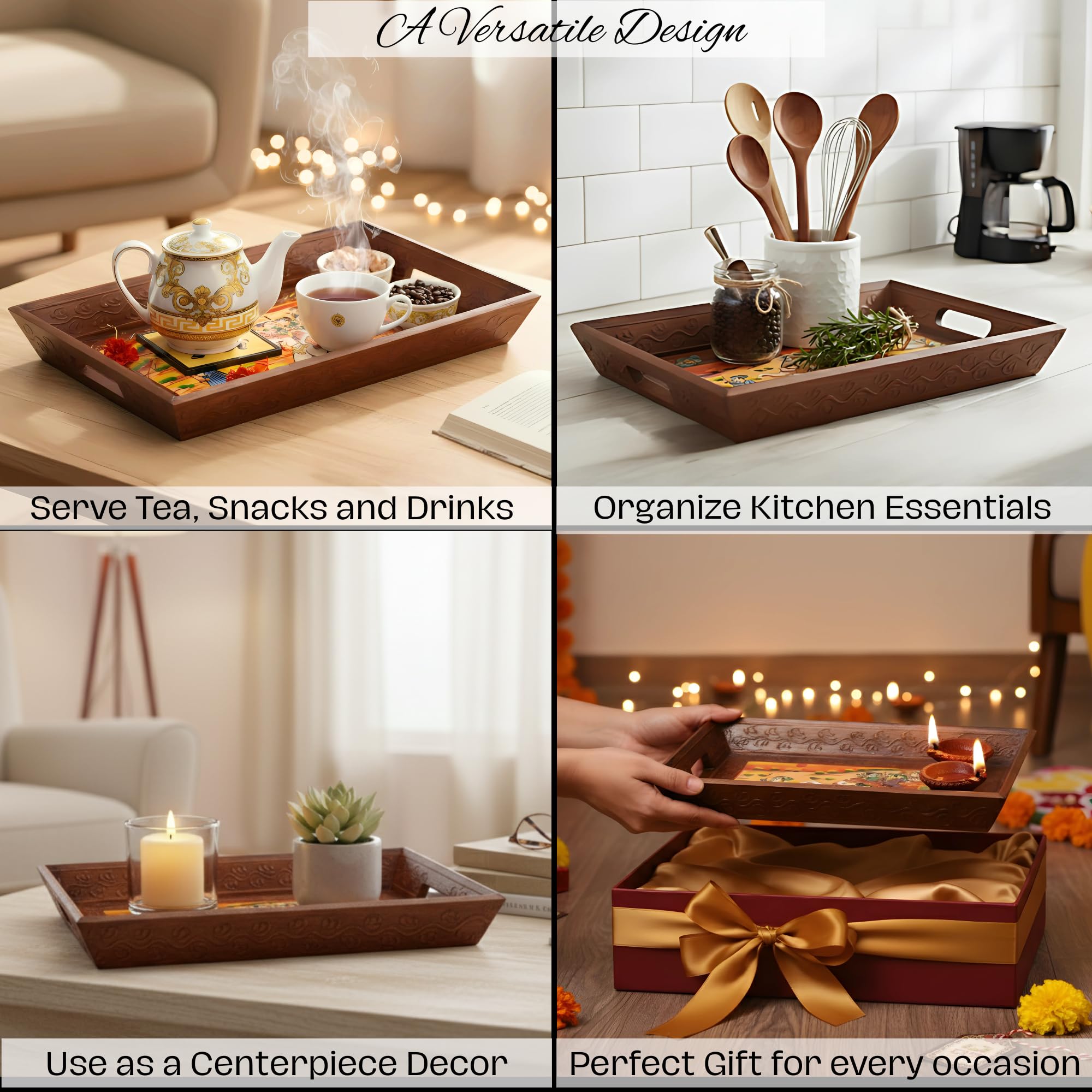 SWADESHI BLESSINGS Wooden Tray for Serving- Handcrafted & Hand-Painted for Kitchen/Rectangular Table & Home Decor/Dinning/Gifts/Restaurants/Living Room/Coffee Table 30Cm (Single Tray) (Brown) 2