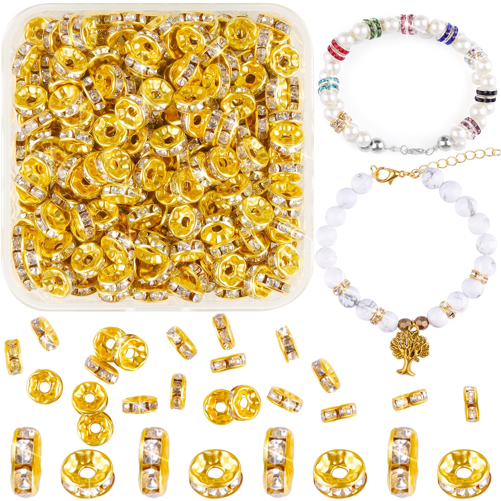 400 Stück 8mm Kristall Rondelle Spacer Perlen Gold Metallperlen Loose Round Zwischenperlen für DIY Armbänder Ohrringe Halskette Schmuck Dekorationen