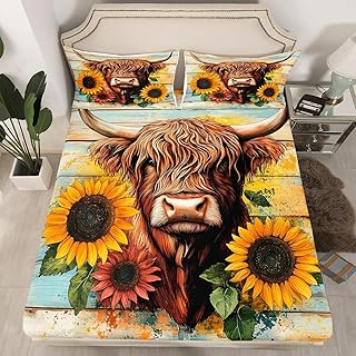 Loussiesd Juego de sábanas bajeras de vaca de las Tierras Altas para niños y niñas, juego de sábanas de animales de decoración occidental, decoración de habitación, color marrón