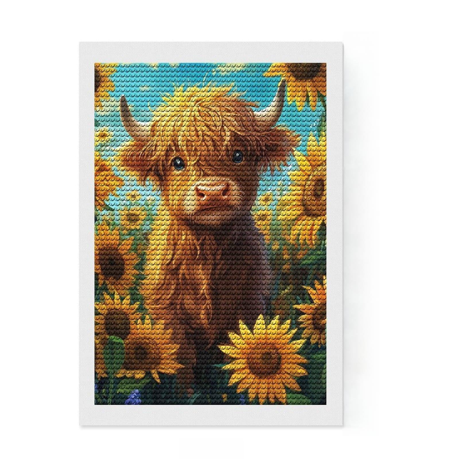 Junmoney Baby Highland Cow in Sunflower Field Diamond Style Art Kit 8"x12", Winter Craft, Gift Idea, Farmhouse Decor, Thoughtful Present, Office Decor