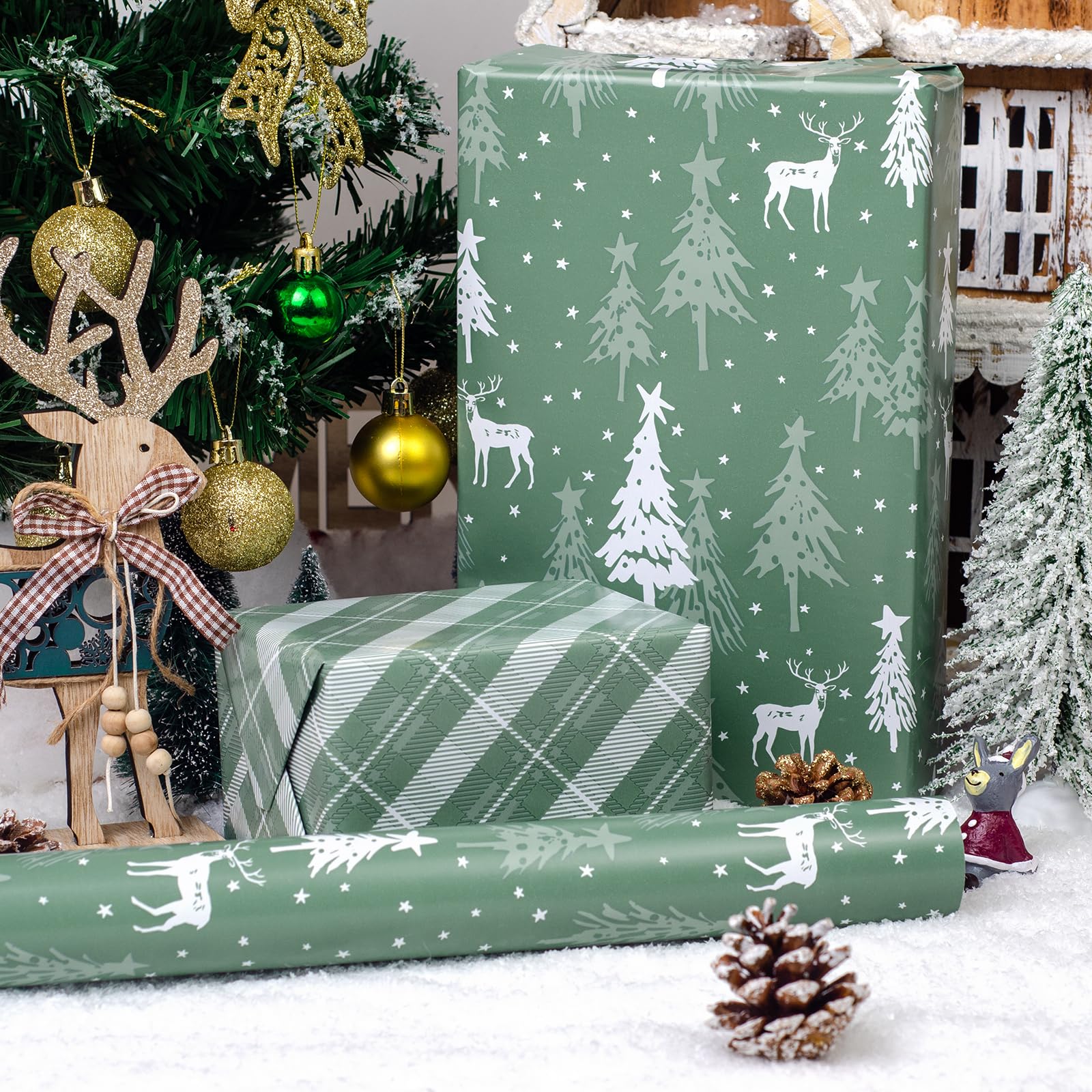LDGOOAEL Rouleau de papier cadeau de Noël réversible Jumbo – Arbre de vacances argenté et rayures – 76,2 cm x 30,5 m