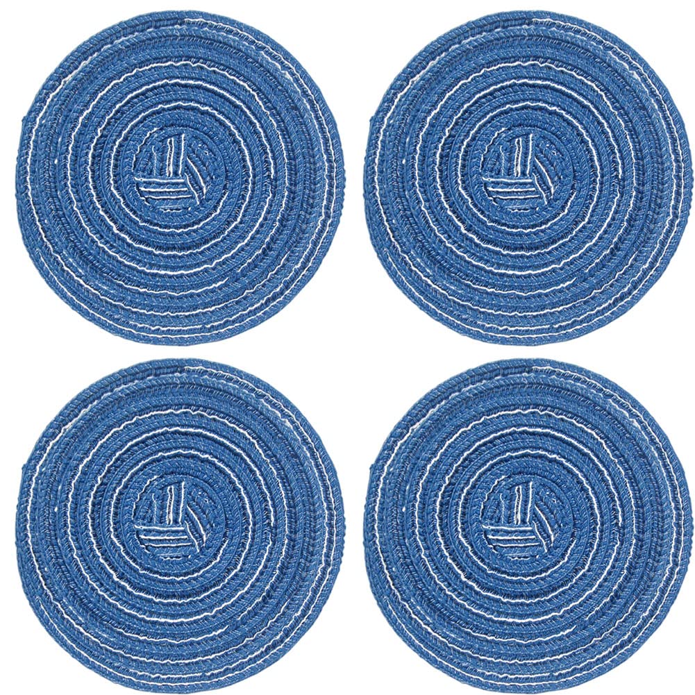 Scf2017 Blue Set Of 4 Round Woven Cotton Yarn Coasters For Drink Cup Mats 11Cm Small Cute Placemats(Blue)