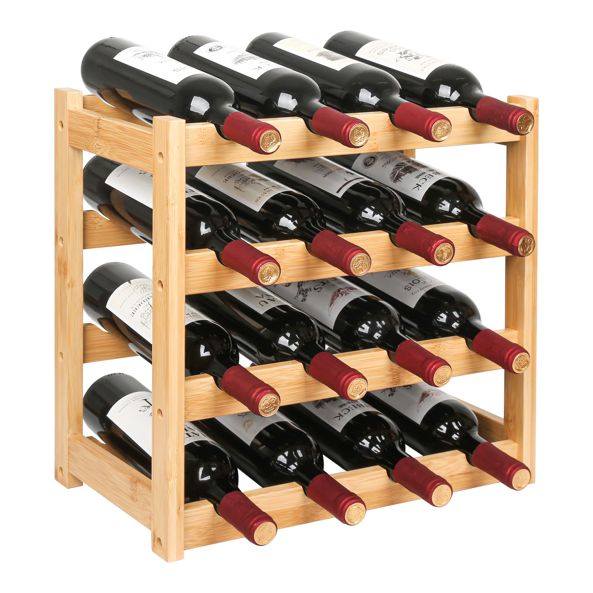 VASMIA Wine Rack, 4 Tier Bamboo Bottle Rack for Countertop, Stable and Durable Wine Storage Cabinet, 16 Bottle Wine Holder for Kitchen or Pantry, Natural
