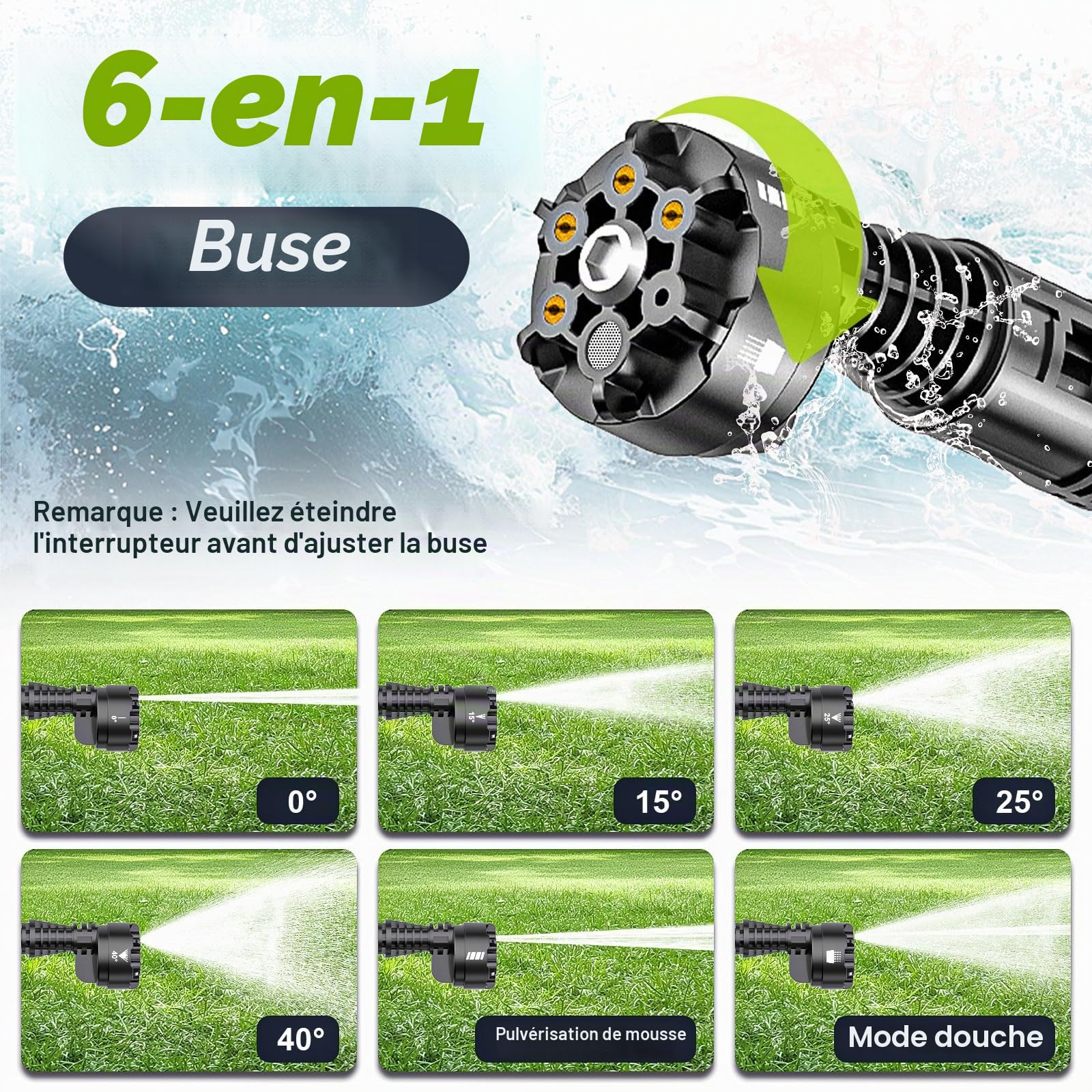 highsam Pressure Washer Nettoyeur Haute Pression sans Fil 4 Vitesses Max. 120 Bar avec 2 Batteries 4,0 Ah, buse rotative 6 en 1 et 180 °,Tuyau De 5 M,Nettoyage Arrosage