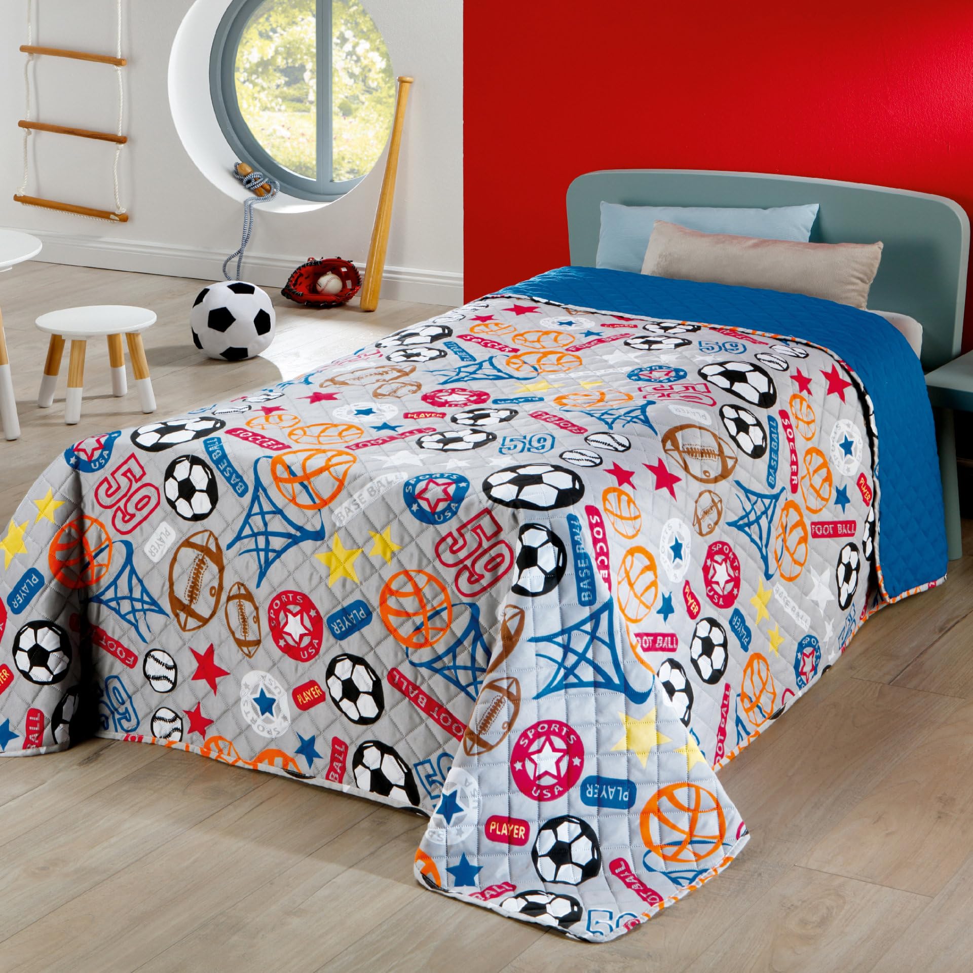 Delindo Lifestyle® Copriletto singolo SPORT, per cameretta bambini ragazzo, blu trapuntato, 170x210 cm