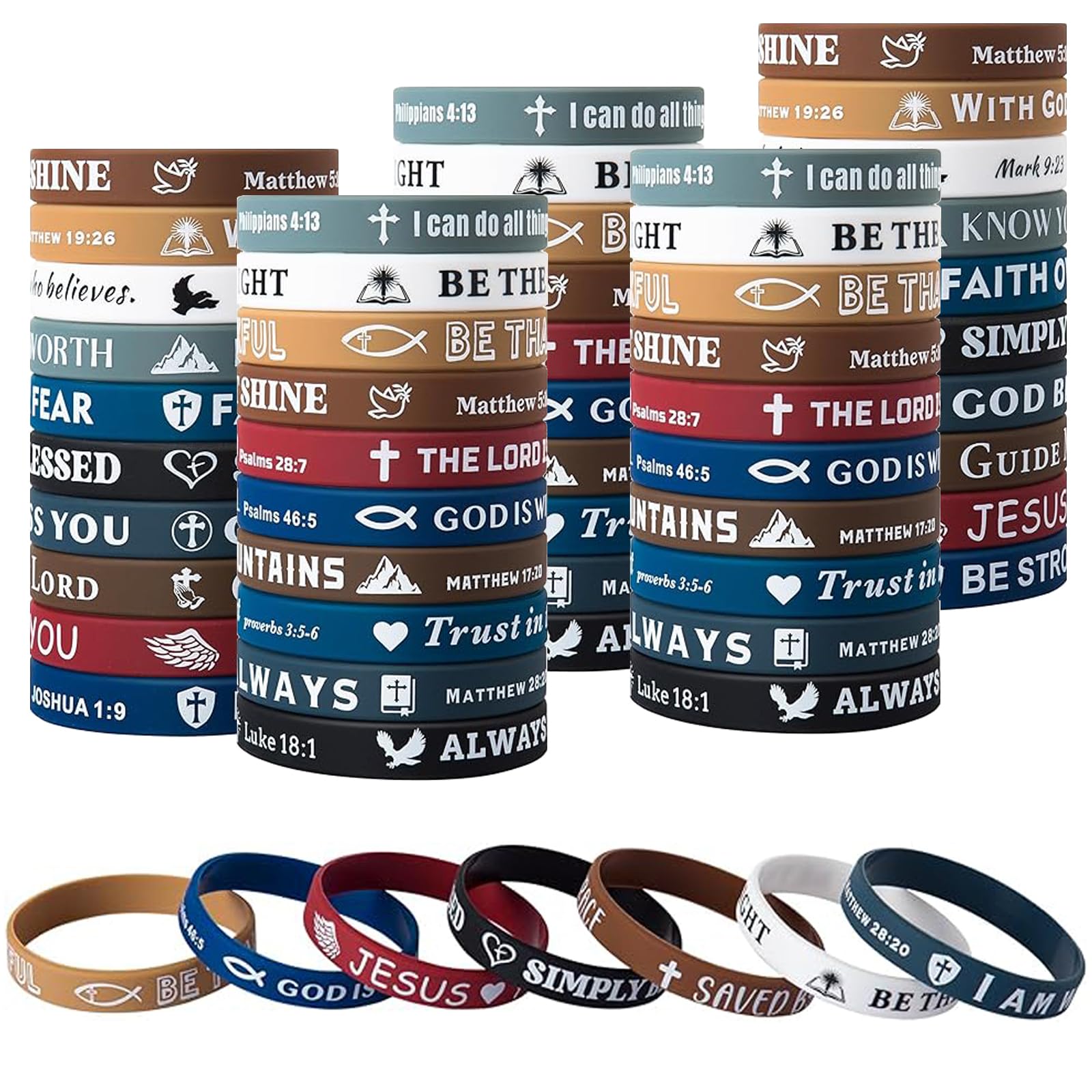 Bible Verse Bracelet, 60PCS Silicone Bulk Jesus Wristbands, Christian Colored Bracelets, Religious Rubber Bracelet, Scripture Wristbands and Jesus Bracelets for Men, Women Christian Party Favors