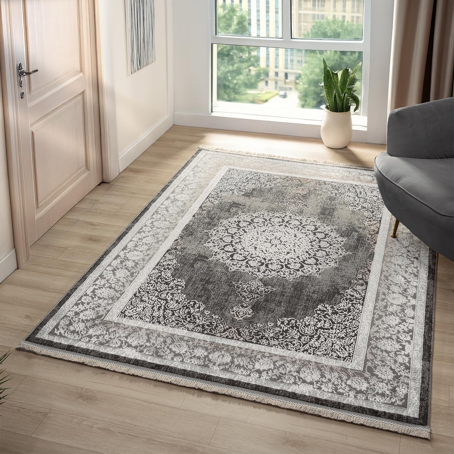 VIMODA Teppich Kurzflor Moderner Teppich mit Ornament-Muster – Pflegeleicht & Robust – Für Fußbodenheizung geeignet,Farbe:Grau;Maße:240 x 340 cm