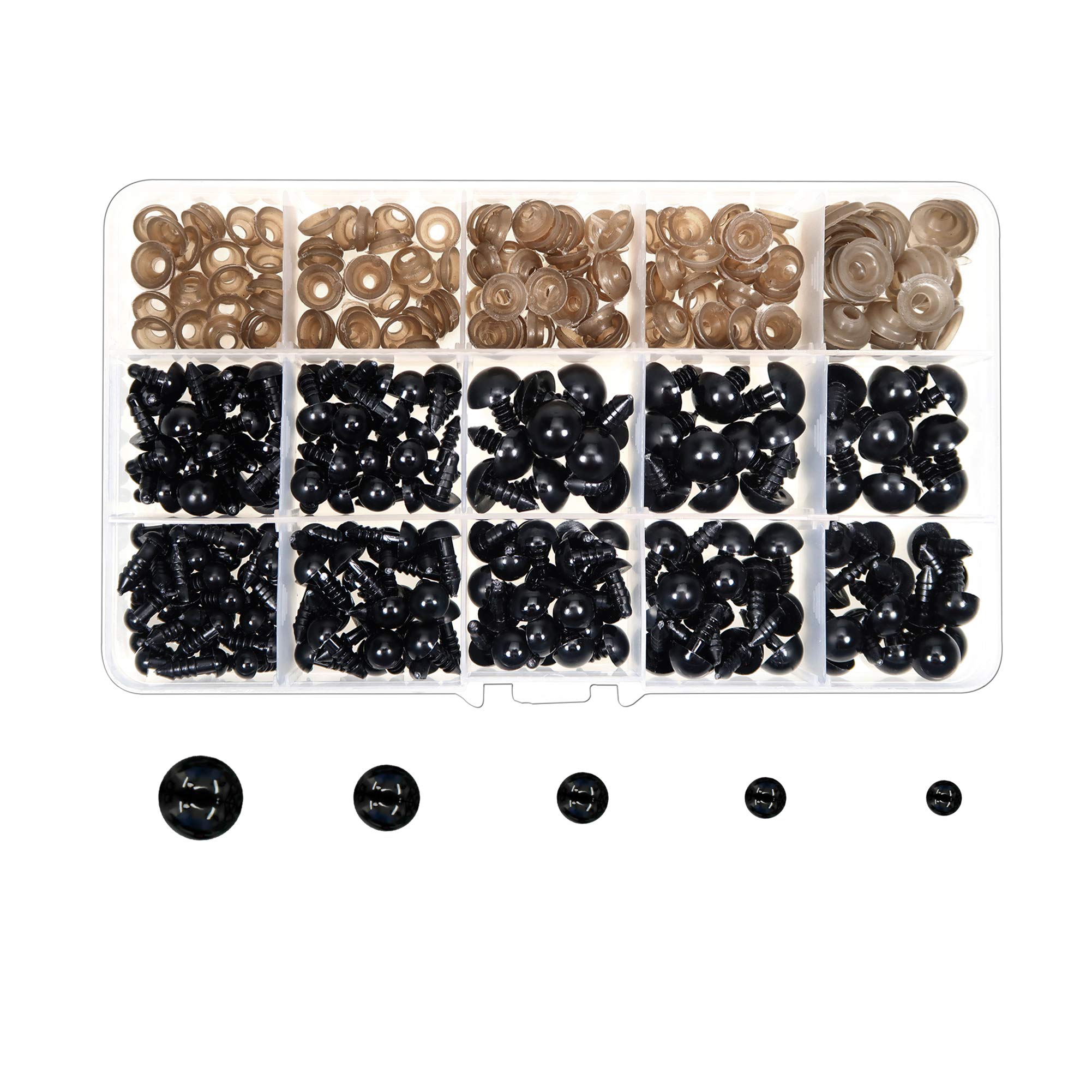 TOAOB 300 Pieces Plastic Safety Eyes 6 to 12mm Black Craft Eyes Small Doll Eyes with Washers for Soft Doll Making DIY Craft Plush Animal