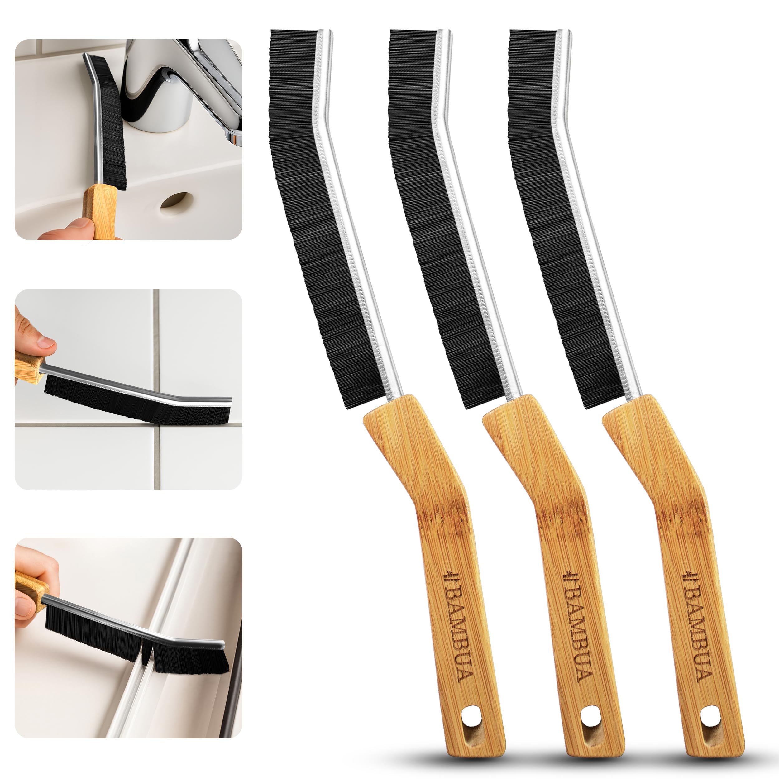 BAMBUA® Fugenbürste Bad (3 Stück) - Effektive Reinigungsbürste für schmale Fugen - Bambusgriff - Premium Putzbürste für Dusche, Badezimmer Deko, Bad Organizer & Haushalt - Fugenreiniger Fliesen