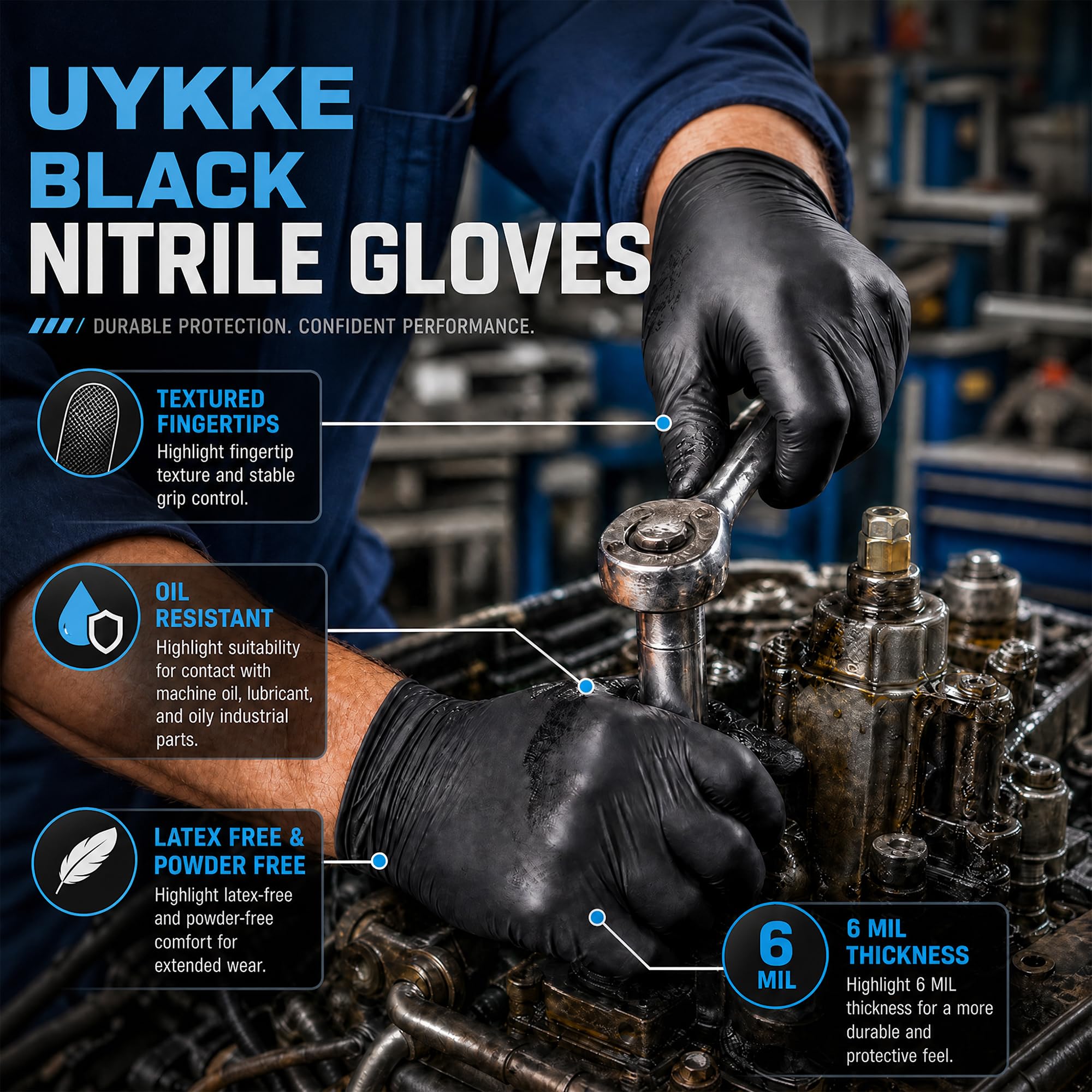6mil - Guanti in nitrile ultra resistenti, usa e getta, senza polvere e lattice, per preparazione di alimenti, meccanici, tatuaggi, 1000 pezzi (M, 1000 pezzi)