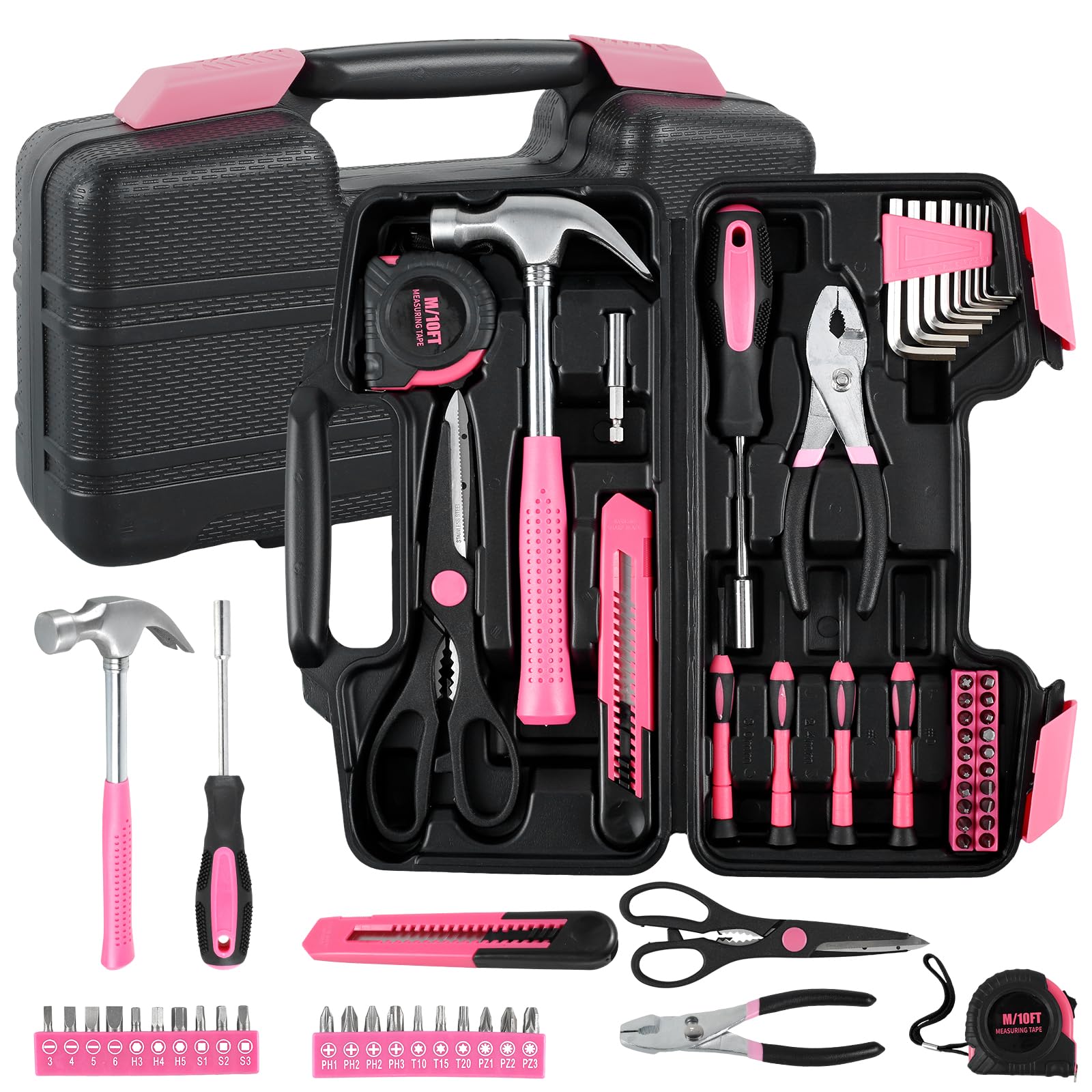 General Household Hand Tool Kit 39Pcs Home Repair Tool Set Pink Tool Kit Box Drill Set Multifunctional Home Tool Kit Set Portable Auto Repair Tool Kit with Plastic Toolbox Hand Tool Set for DIY Repair