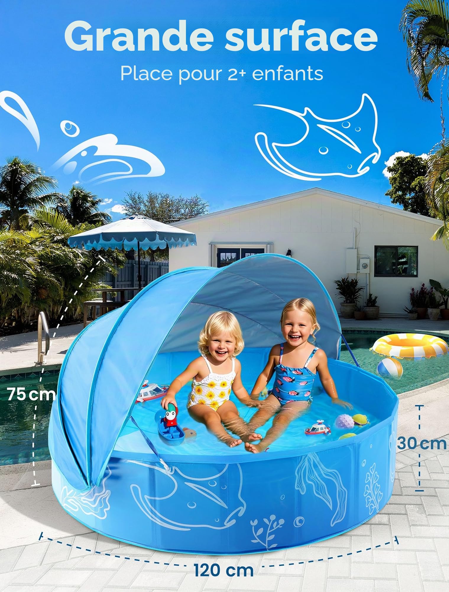 Hikiddy Piscine Pop-up pour Enfants avec Auvent : Piscine Parasol pour Enfants, Bleu